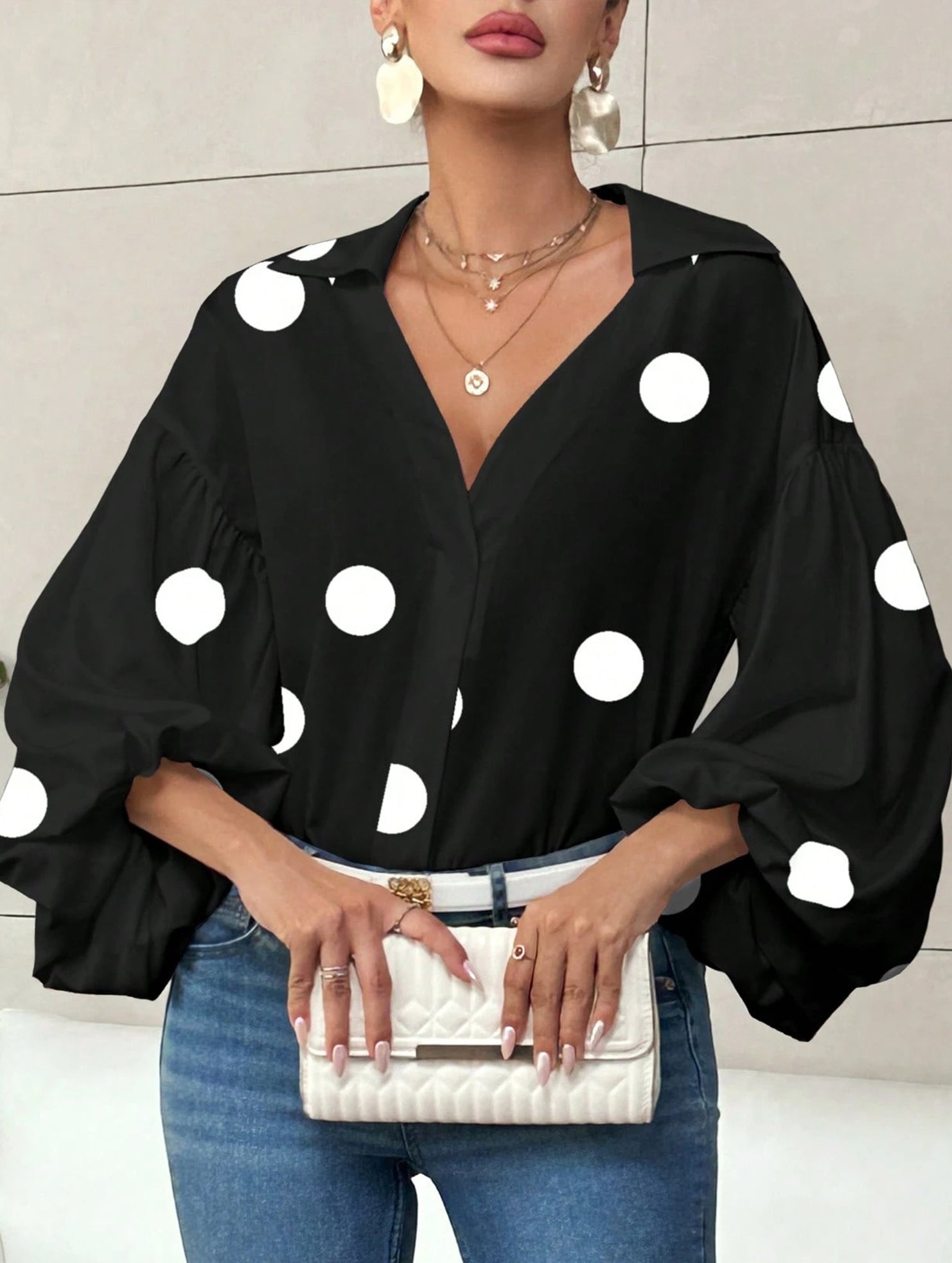 Polka dot V-neck loose bubble long-sleeved shirt