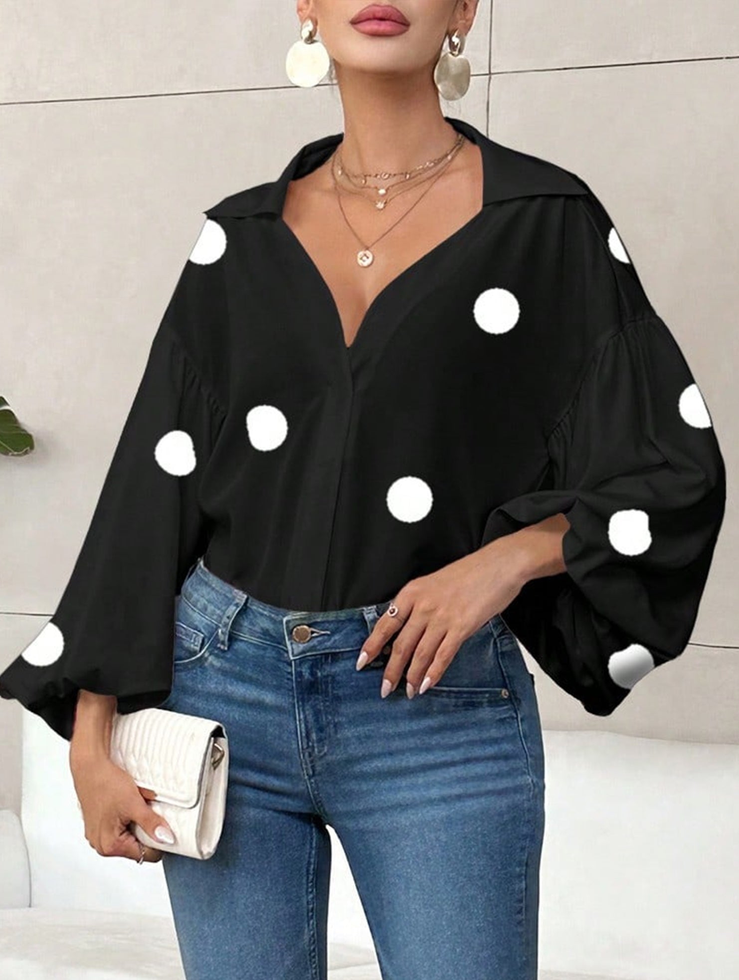 Polka dot V-neck loose bubble long-sleeved shirt