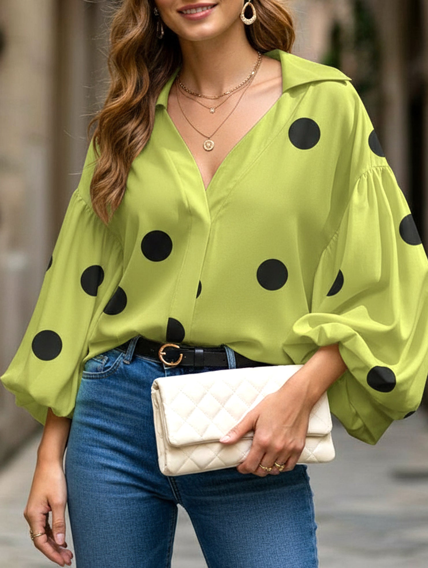 Polka dot V-neck loose bubble long-sleeved shirt