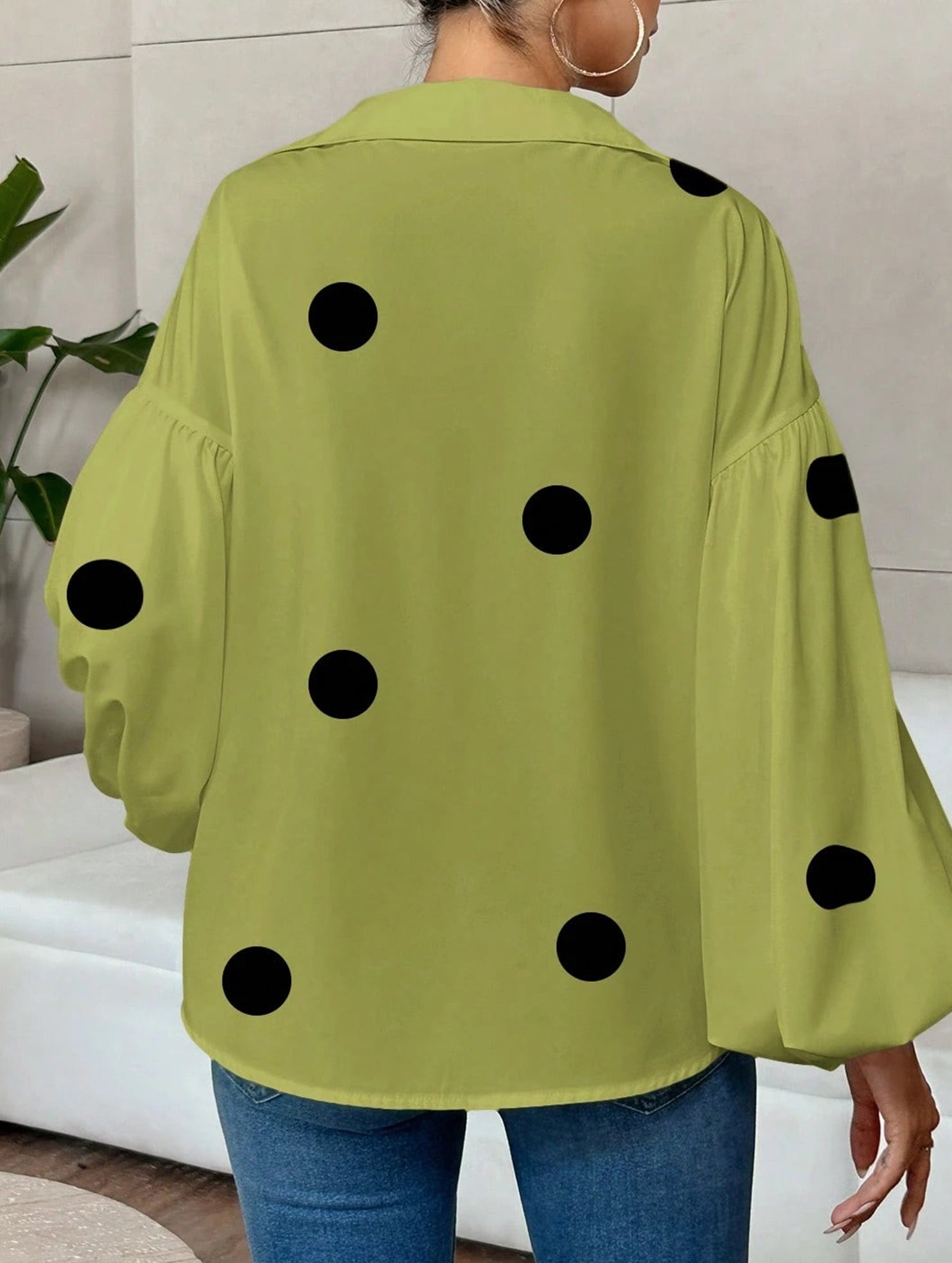 Polka dot V-neck loose bubble long-sleeved shirt