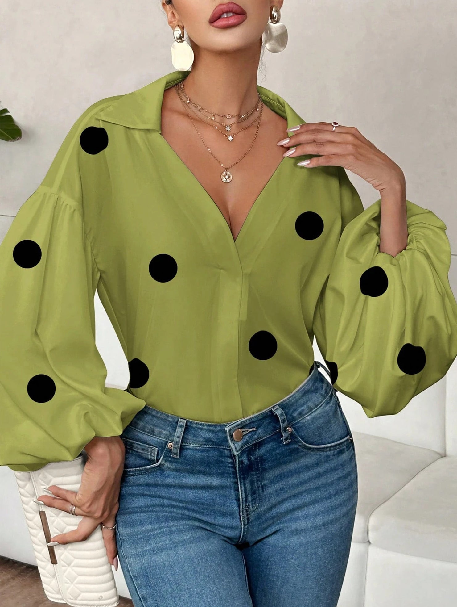 Polka dot V-neck loose bubble long-sleeved shirt