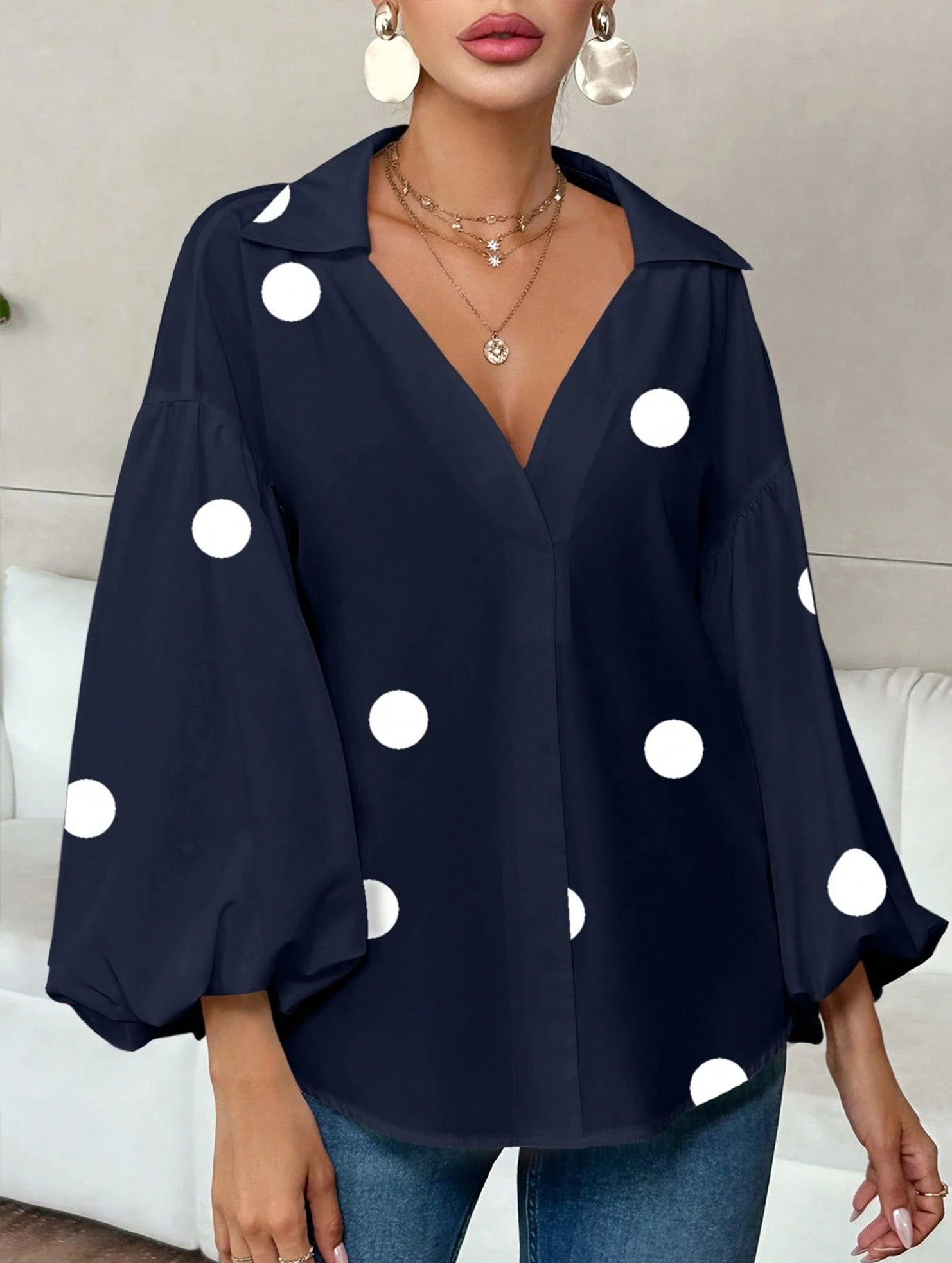 Polka dot V-neck loose bubble long-sleeved shirt