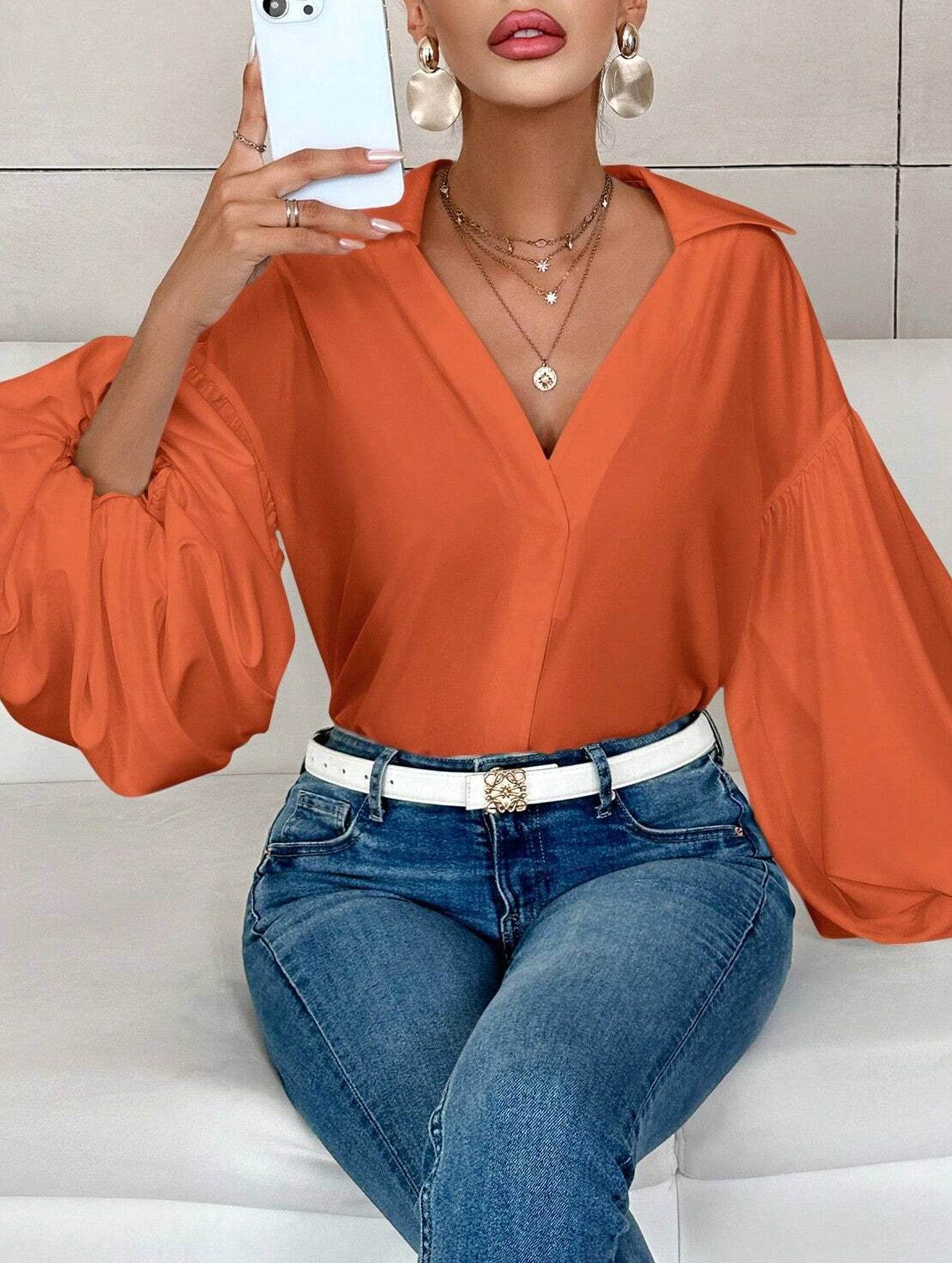 Polka dot V-neck loose bubble long-sleeved shirt
