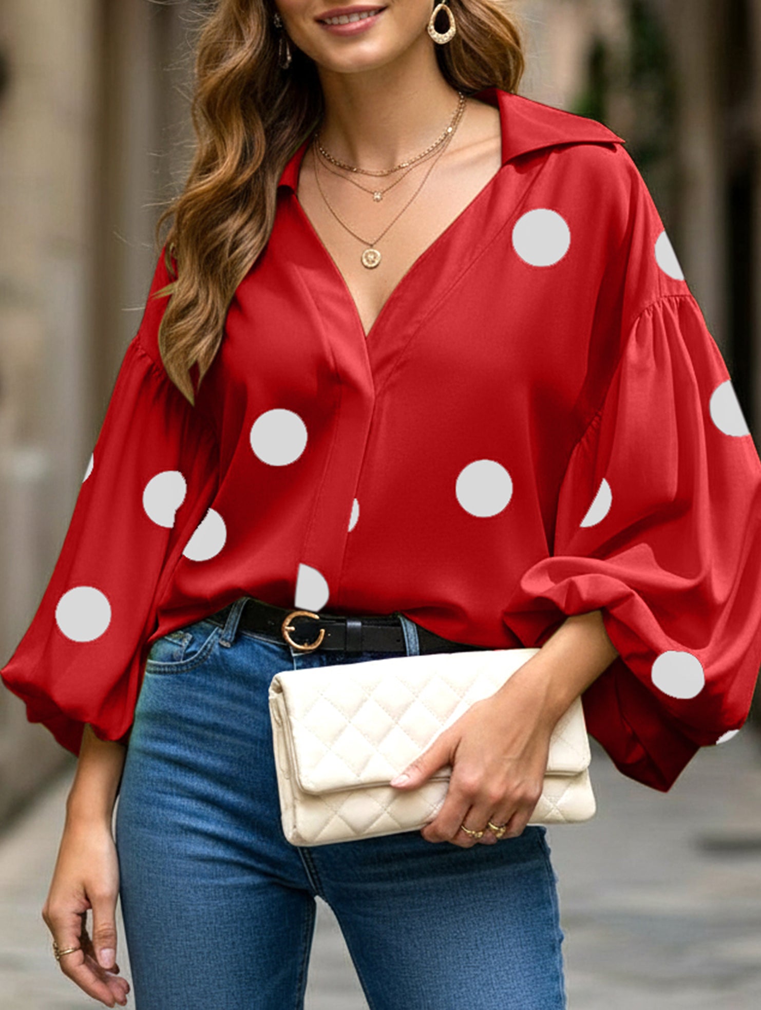 Polka dot V-neck loose bubble long-sleeved shirt