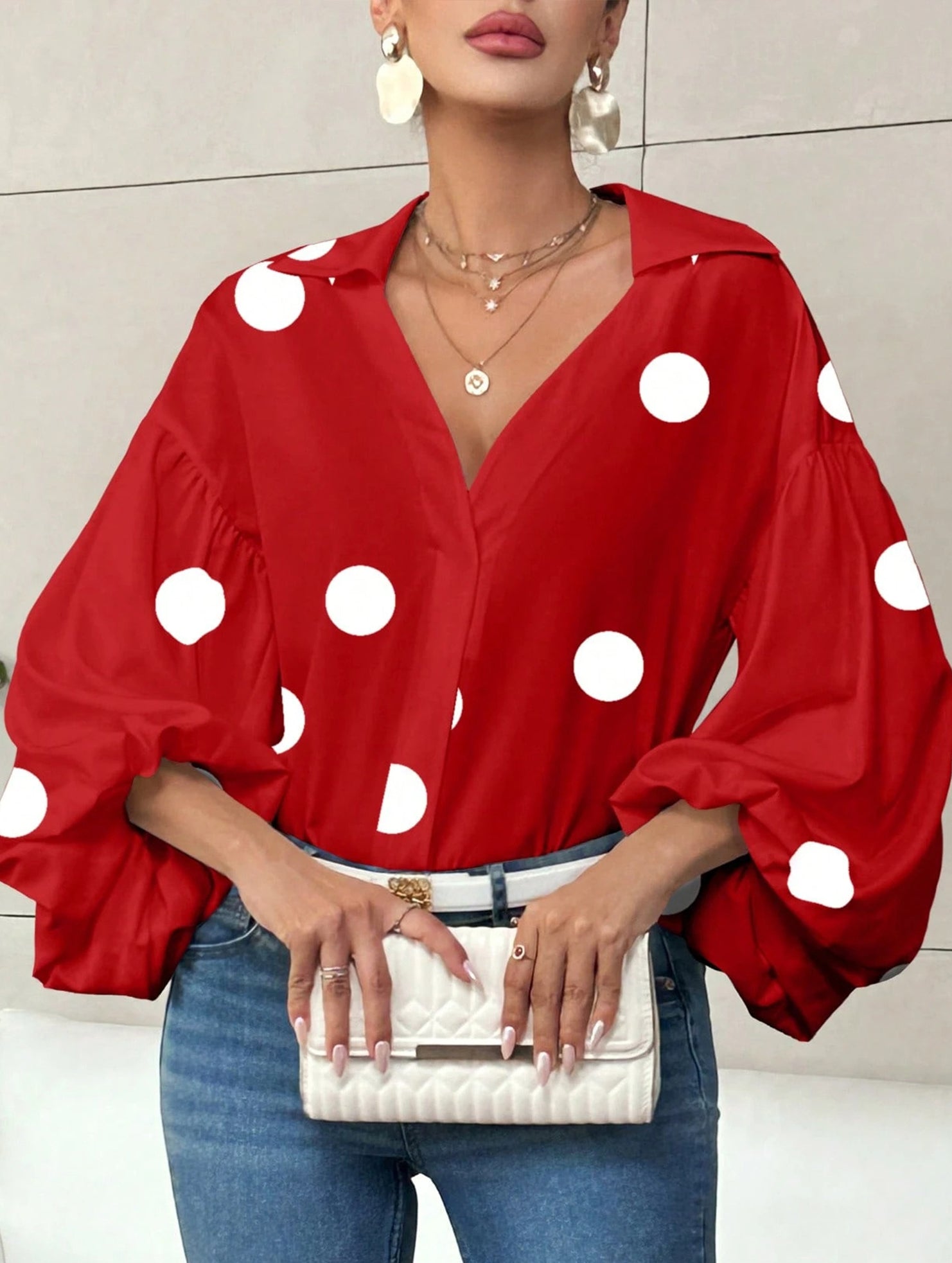Polka dot V-neck loose bubble long-sleeved shirt