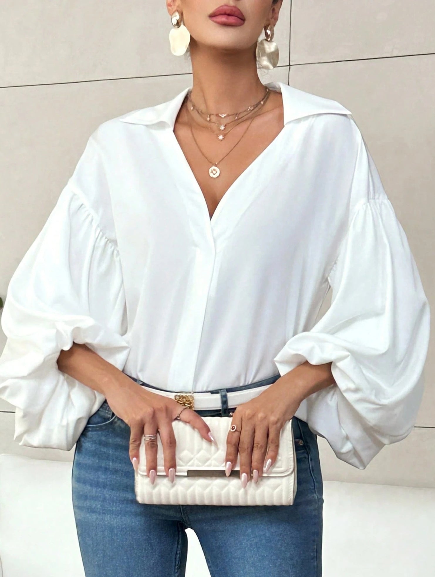 Polka dot V-neck loose bubble long-sleeved shirt