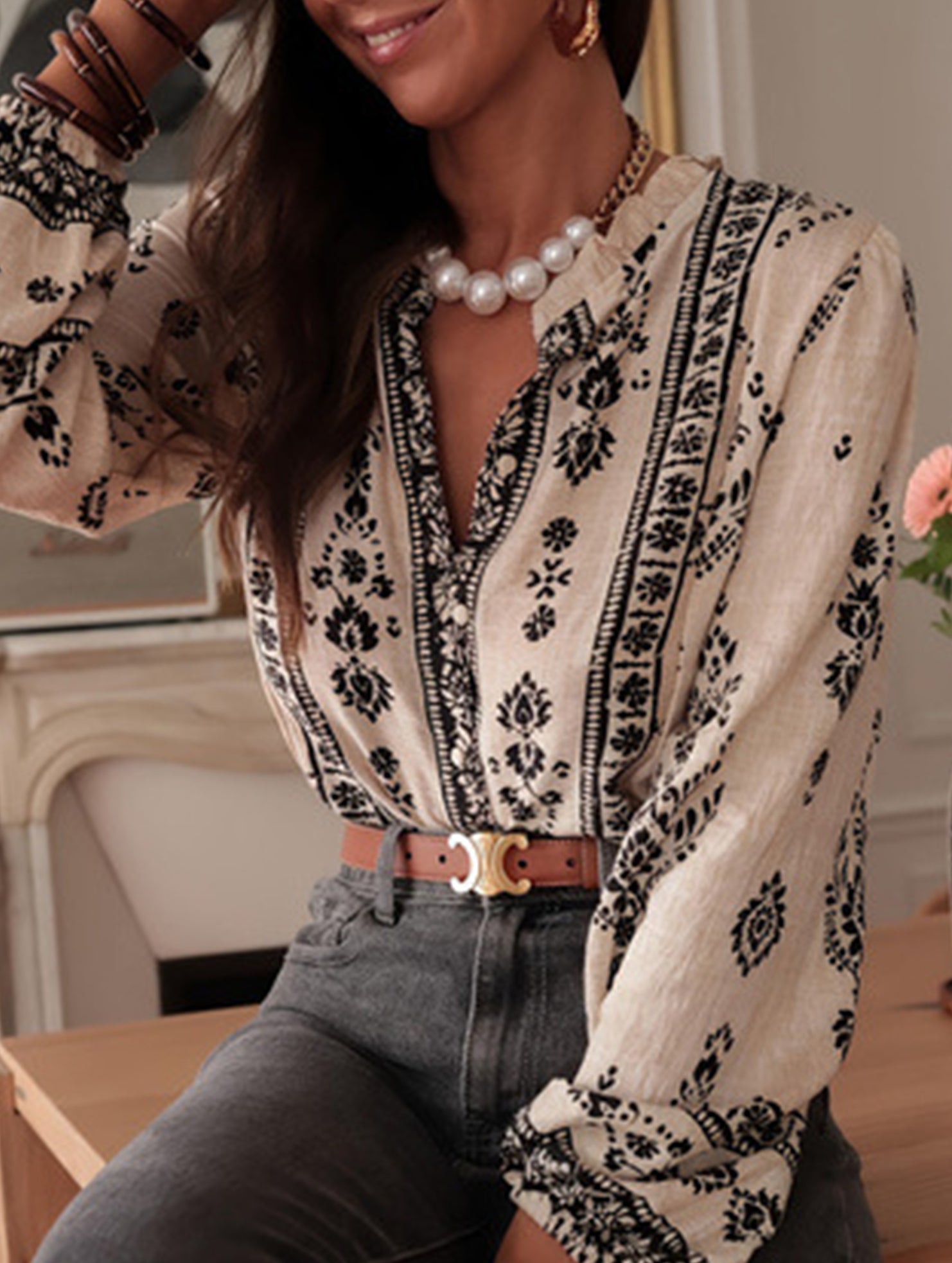 Casual Printed Ruffle Collar Shirt