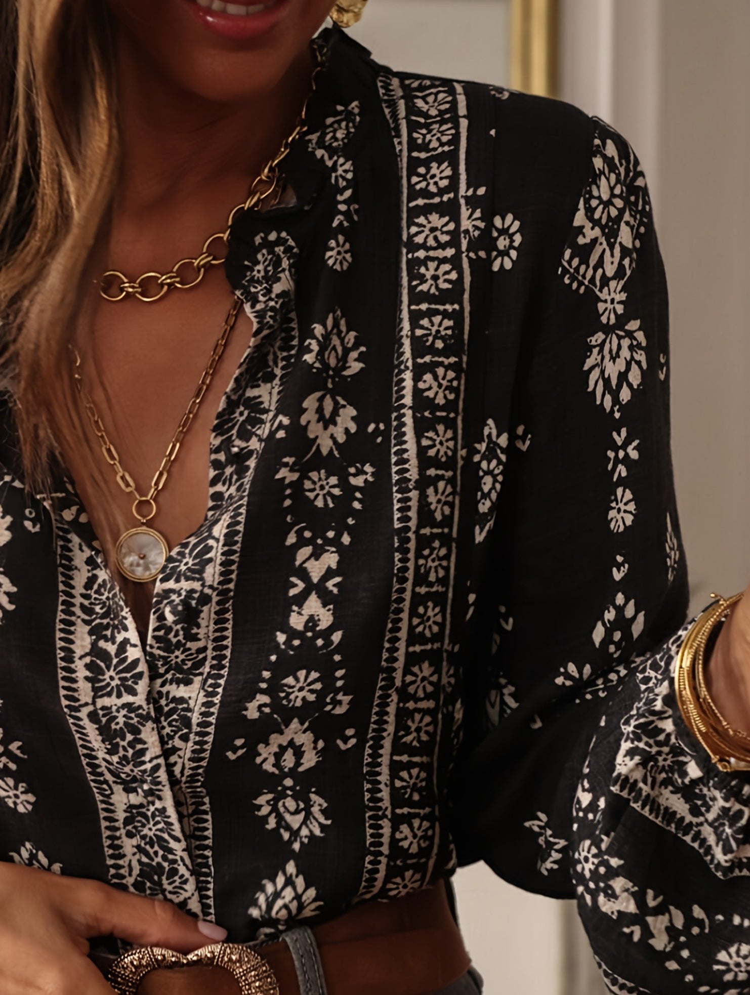 Casual Printed Ruffle Collar Shirt