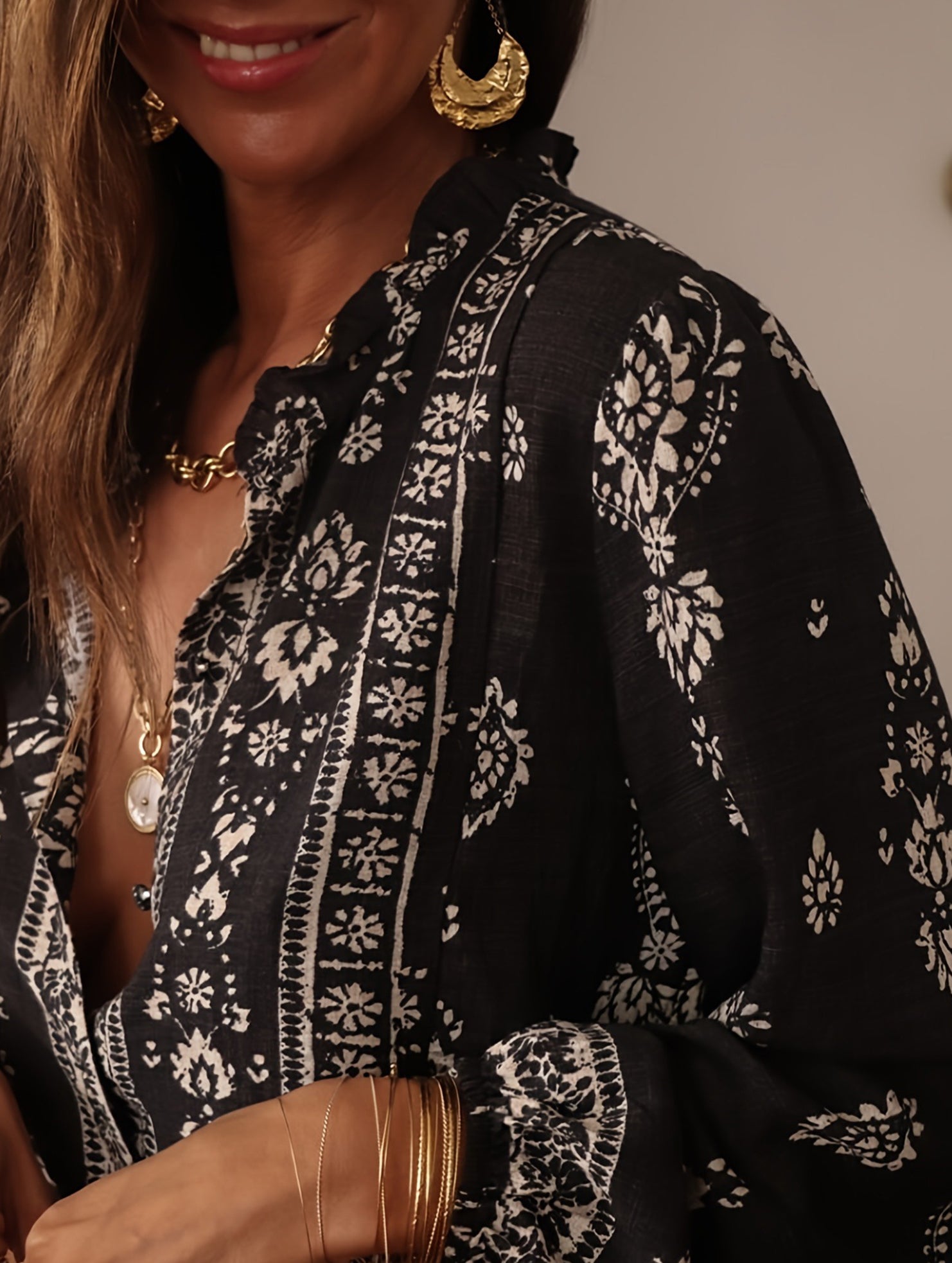 Casual Printed Ruffle Collar Shirt