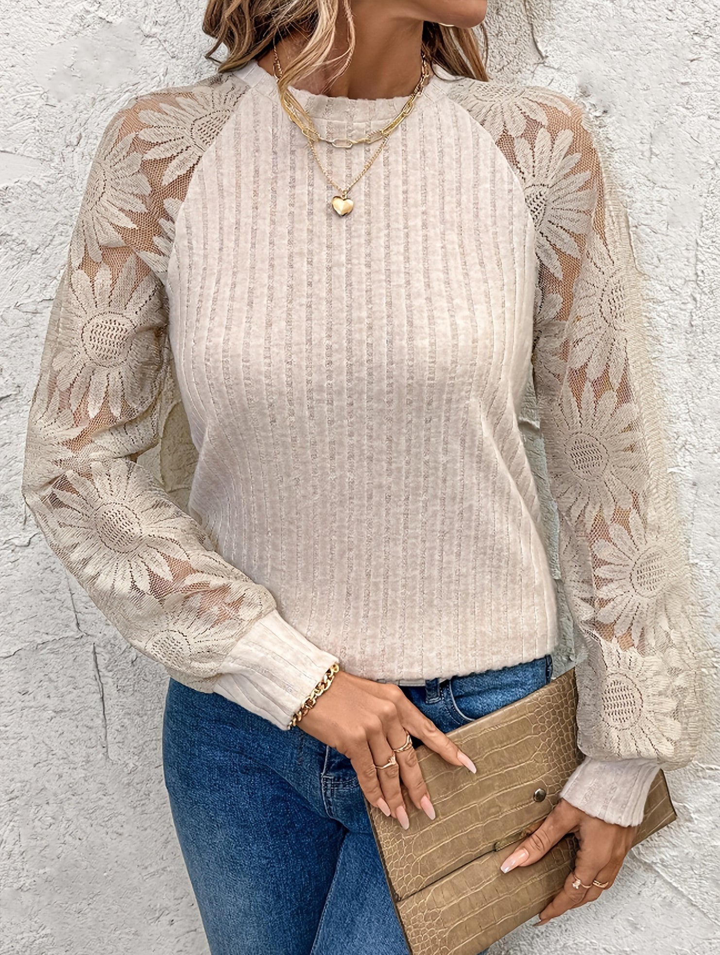Crew Neck Hollow Pullover Lace Panel Top