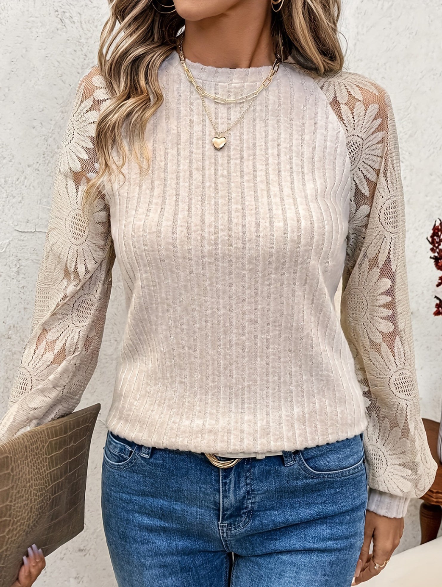 Crew Neck Hollow Pullover Lace Panel Top