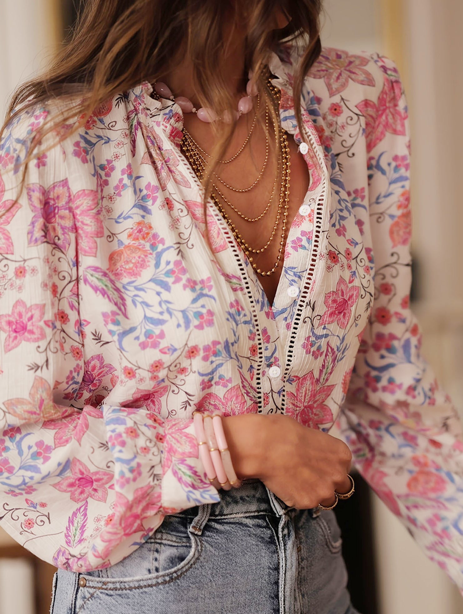 Retro printed long-sleeved shirt