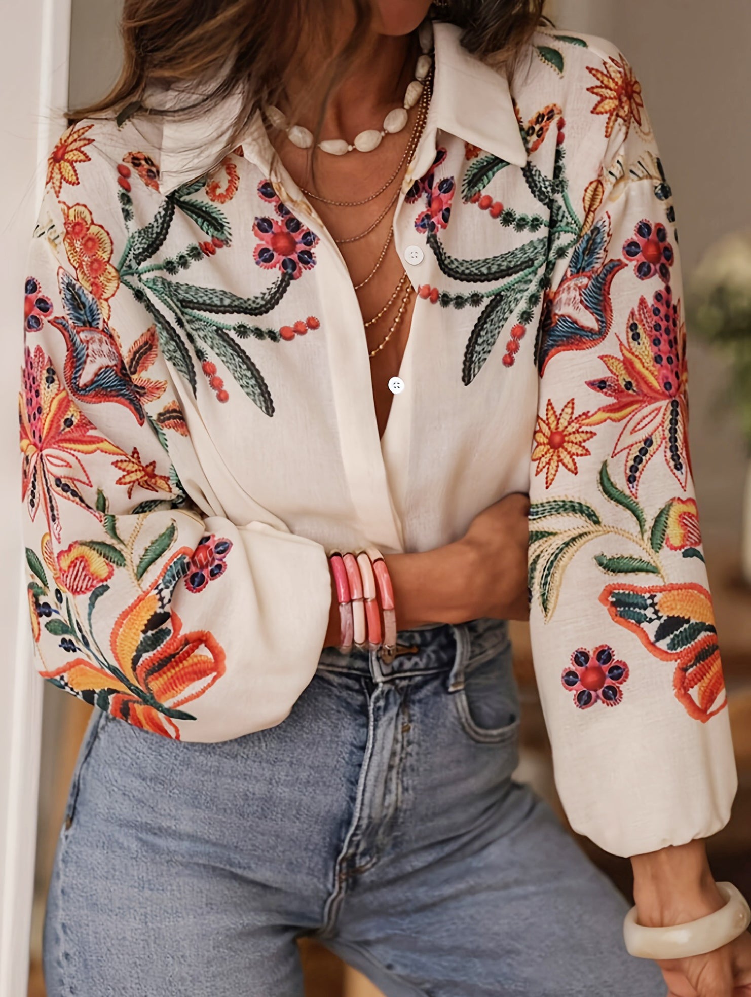 Loose long-sleeved digital printed shirt