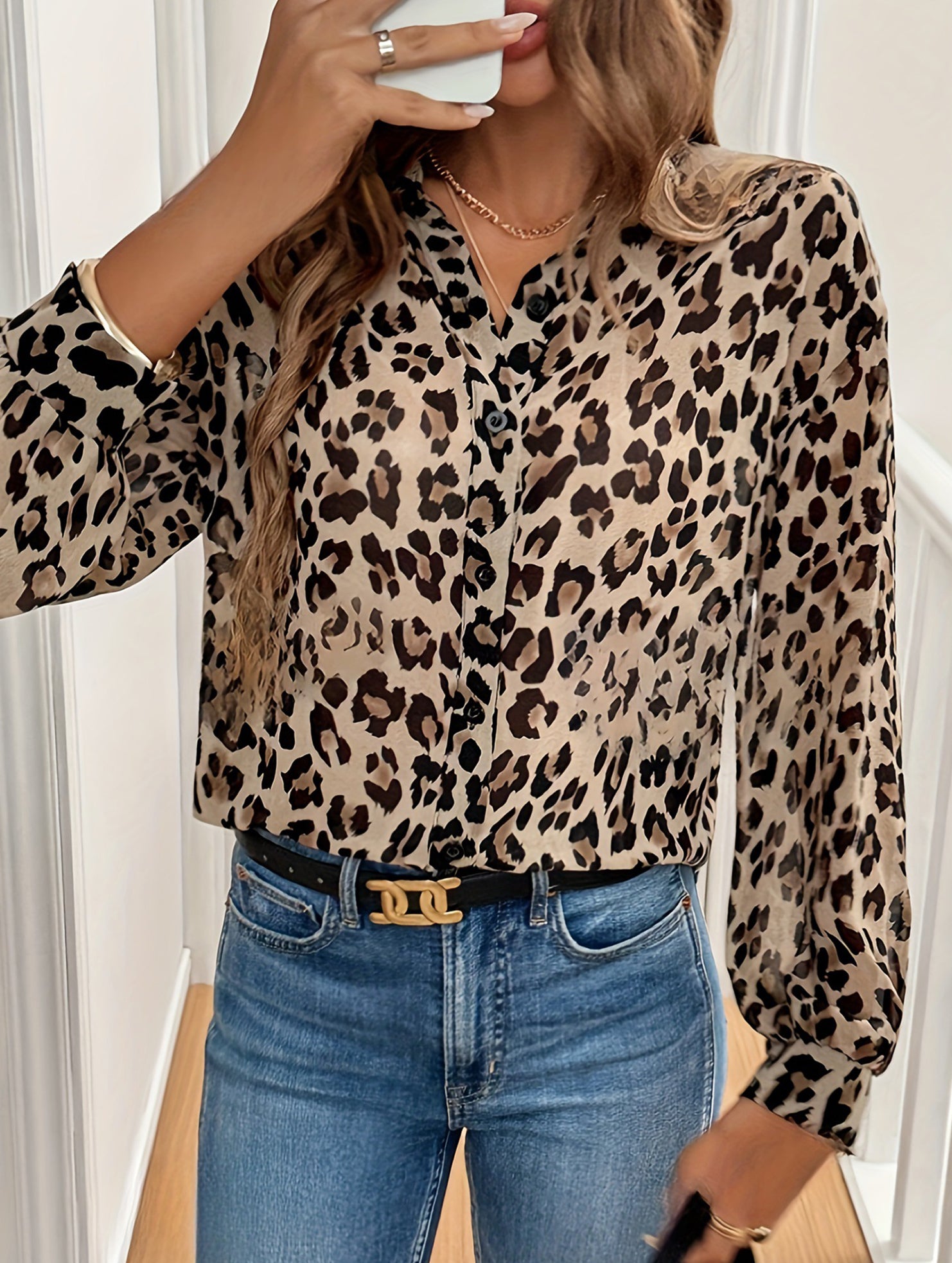 Elegant leopard print long-sleeved loose shirt