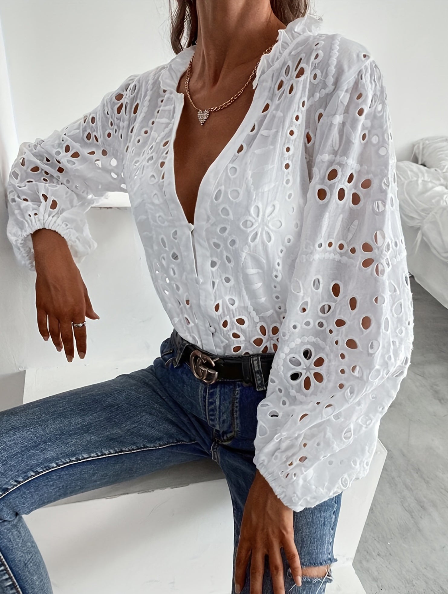 Women's button-down hollow shirt