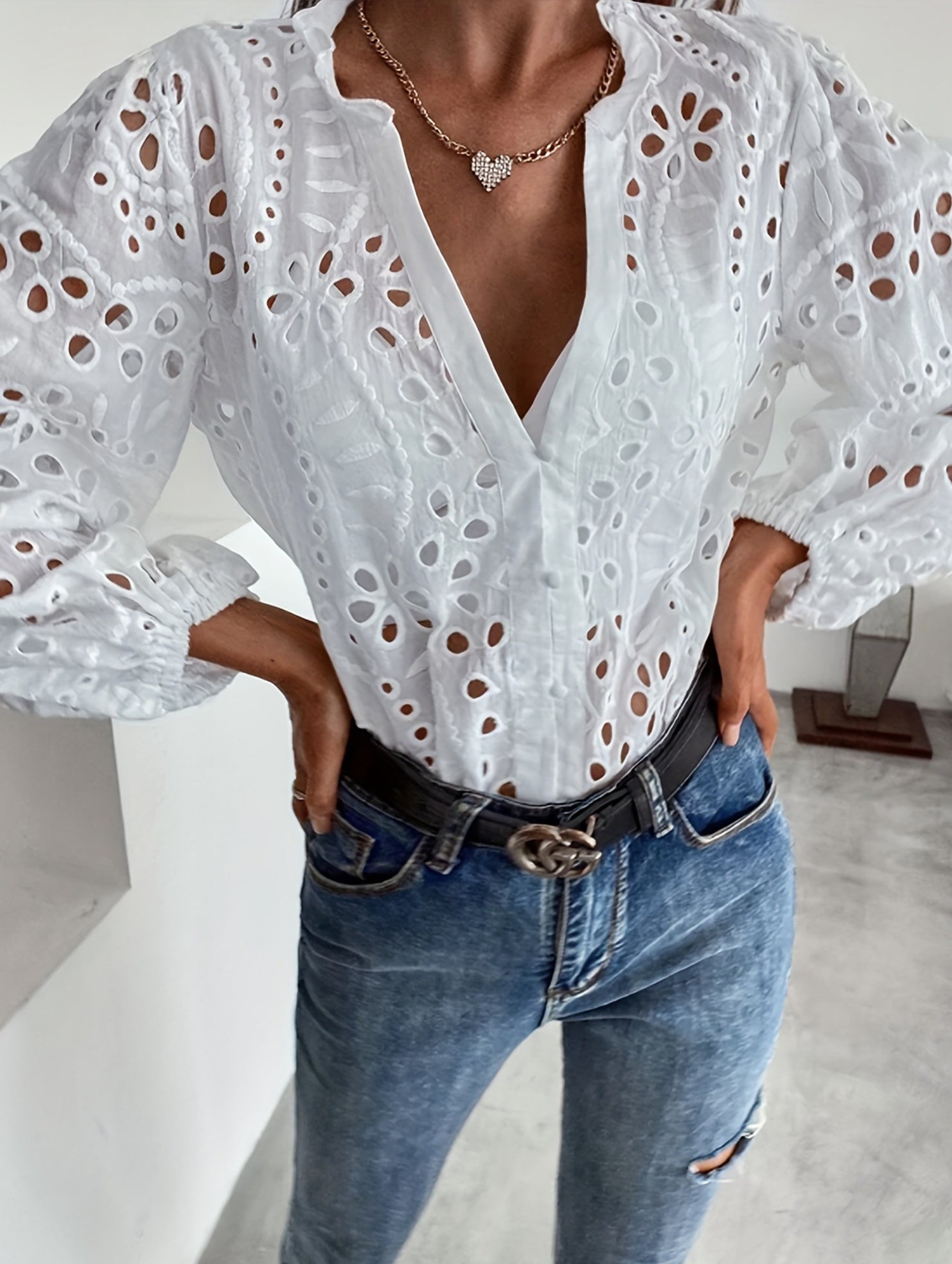 Women's button-down hollow shirt
