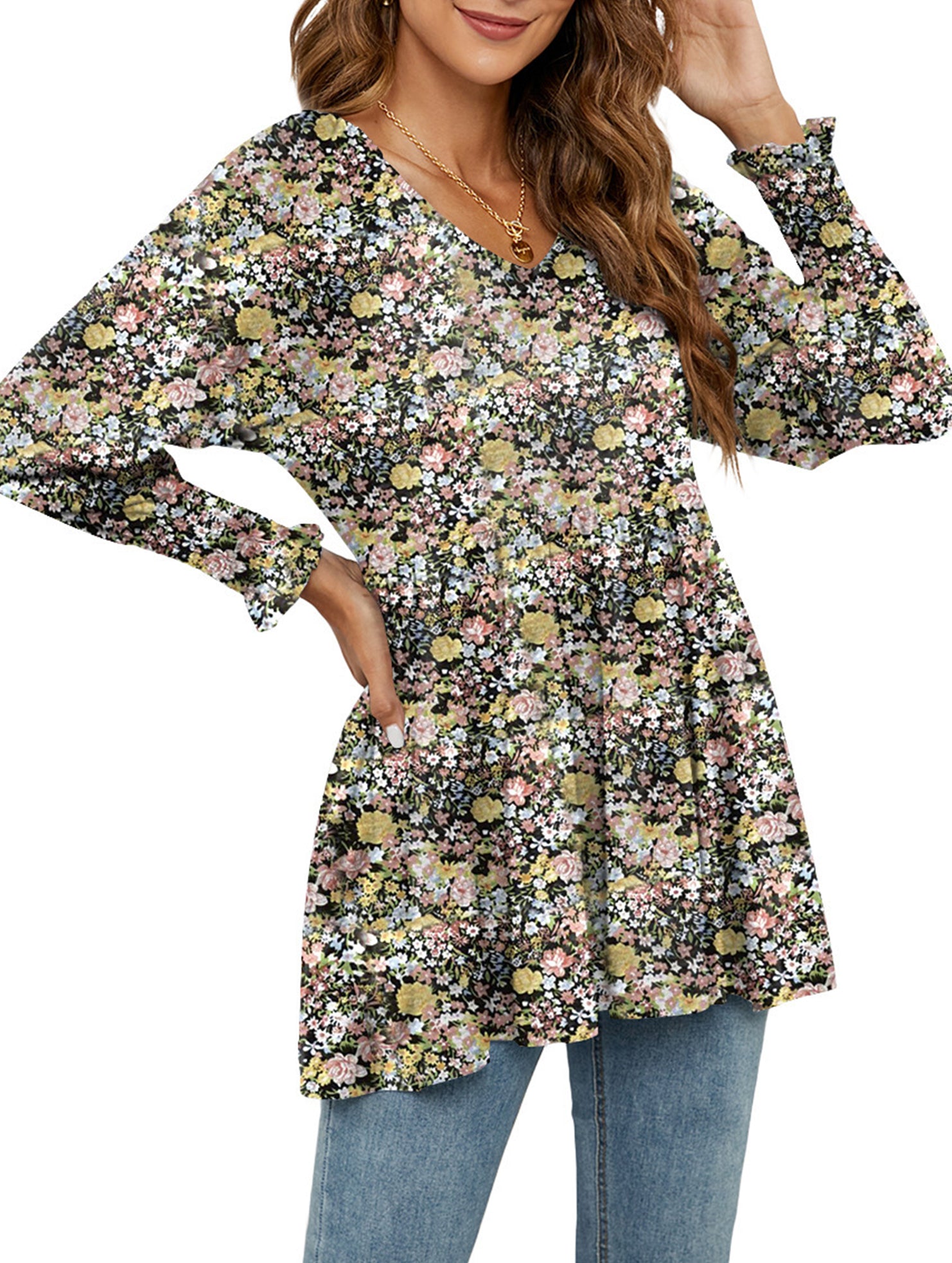 Printed bubble long-sleeved waist top T-shirt