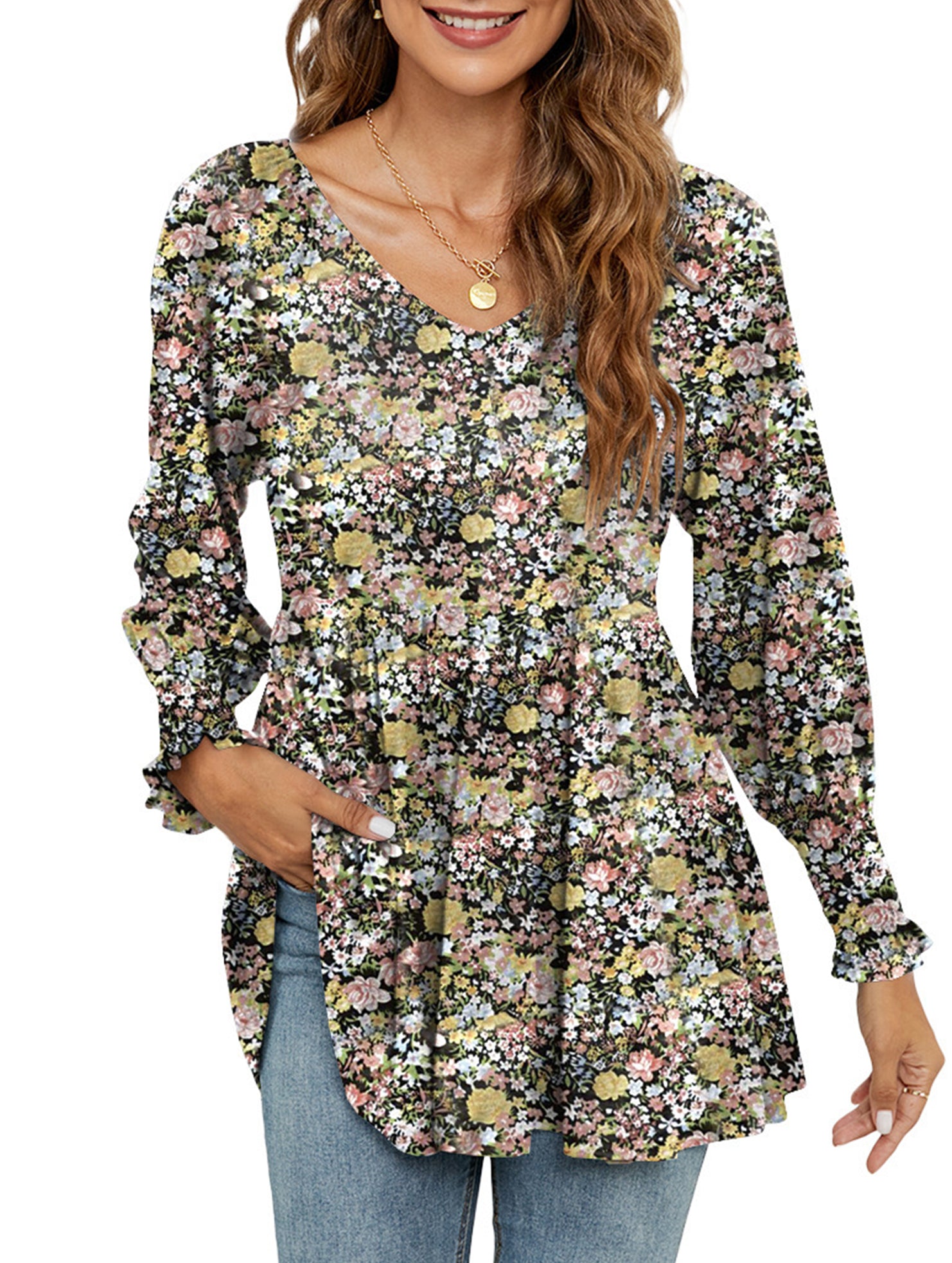 Printed bubble long-sleeved waist top T-shirt