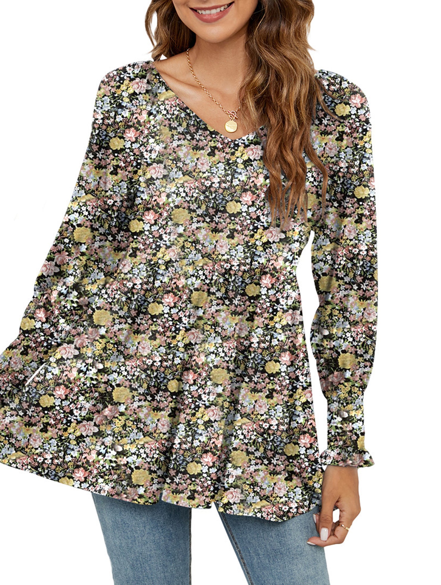 Printed bubble long-sleeved waist top T-shirt
