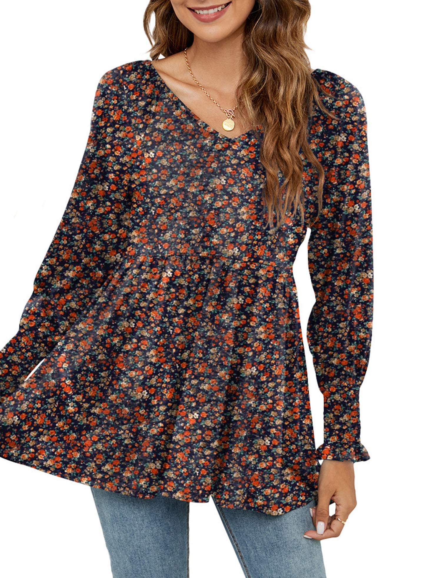 Printed bubble long-sleeved waist top T-shirt