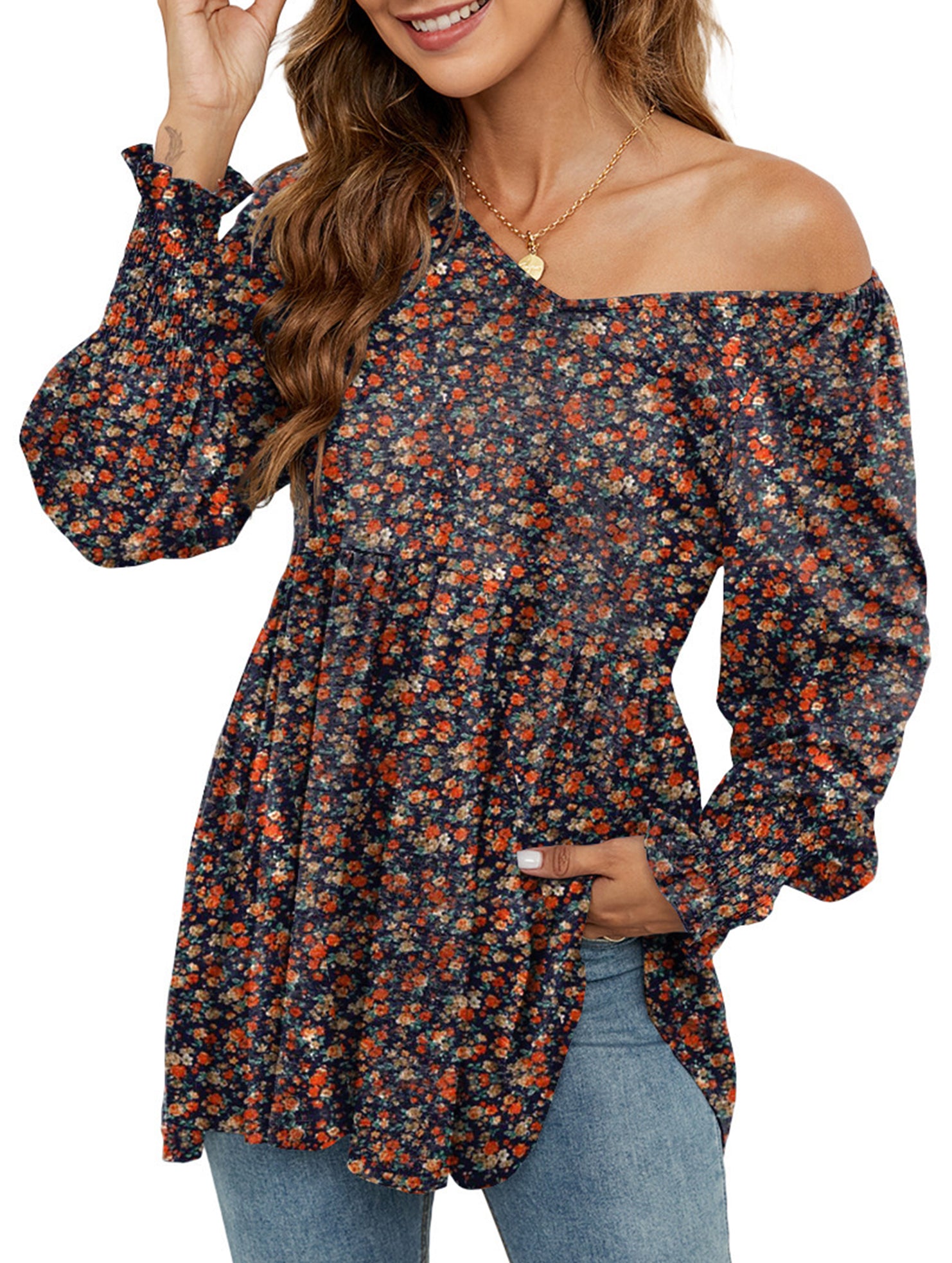 Printed bubble long-sleeved waist top T-shirt