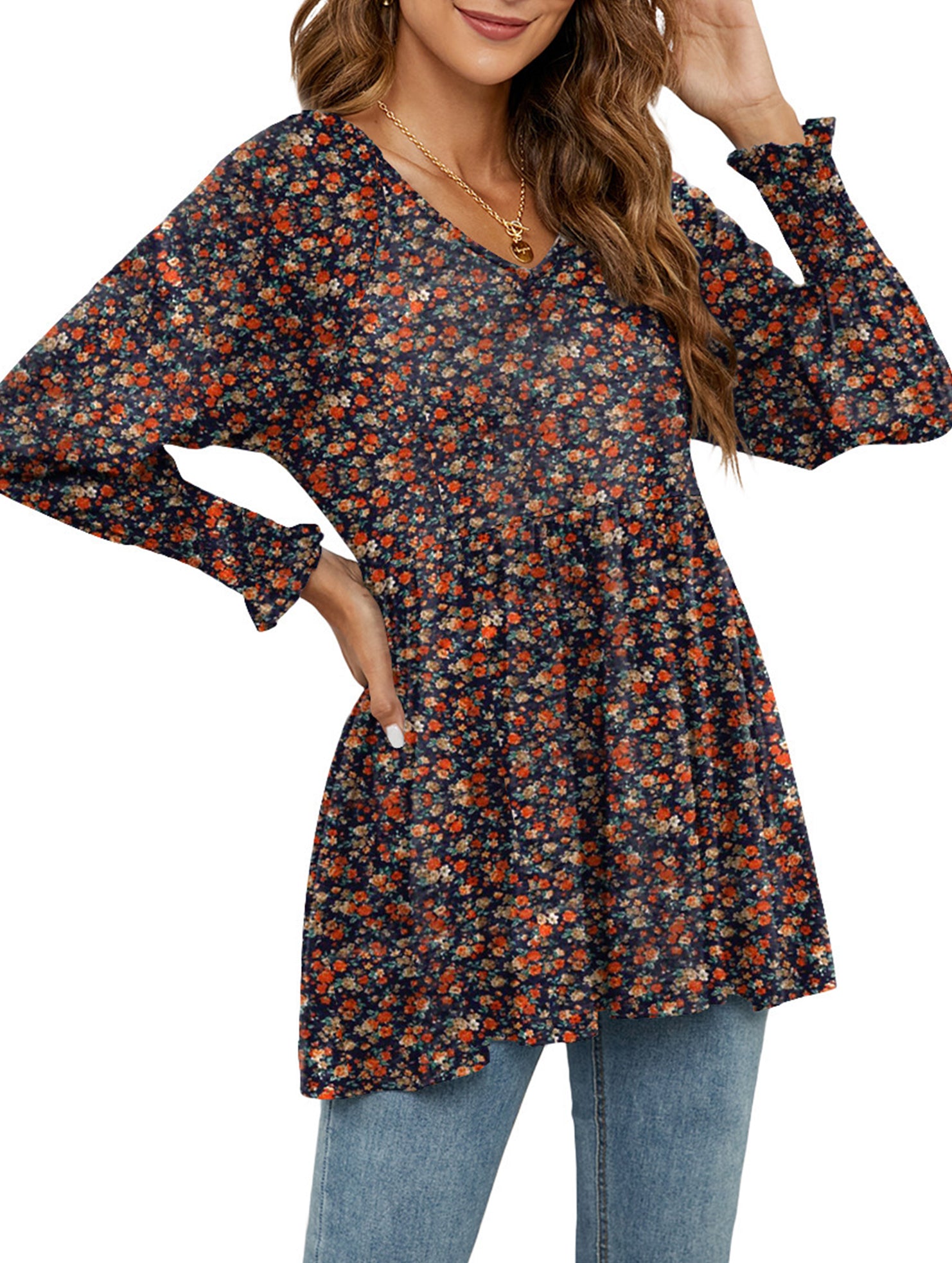 Printed bubble long-sleeved waist top T-shirt