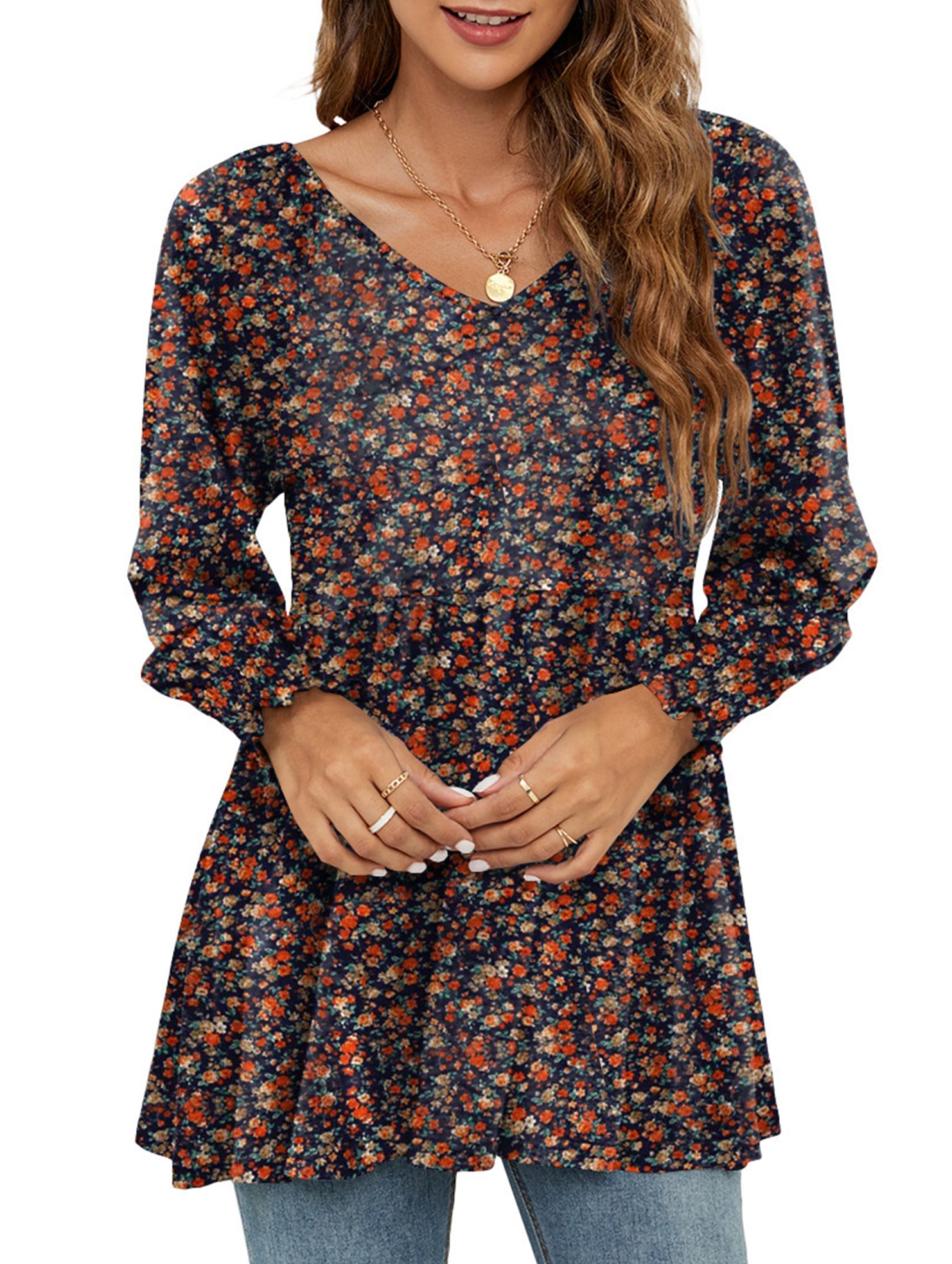 Printed bubble long-sleeved waist top T-shirt