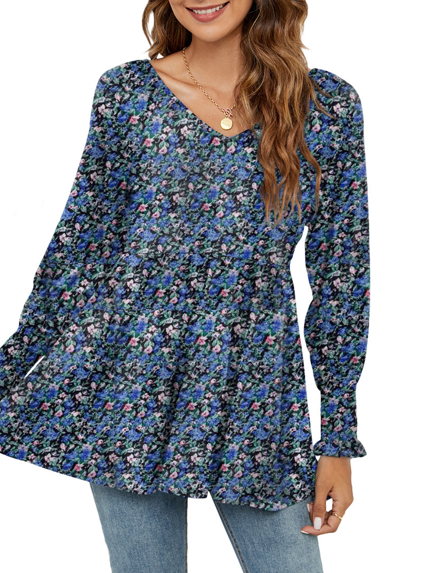 Printed bubble long-sleeved waist top T-shirt