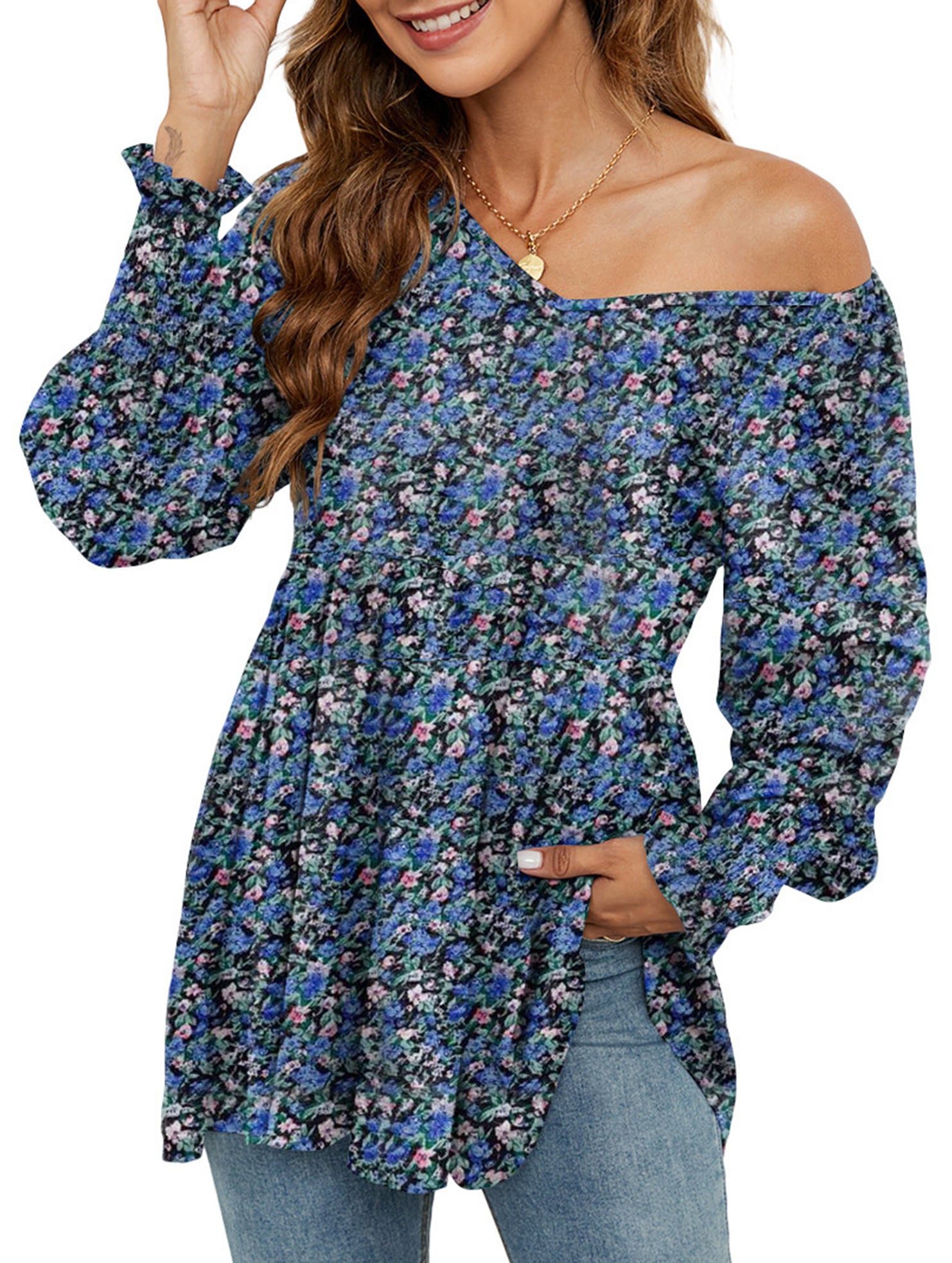 Printed bubble long-sleeved waist top T-shirt