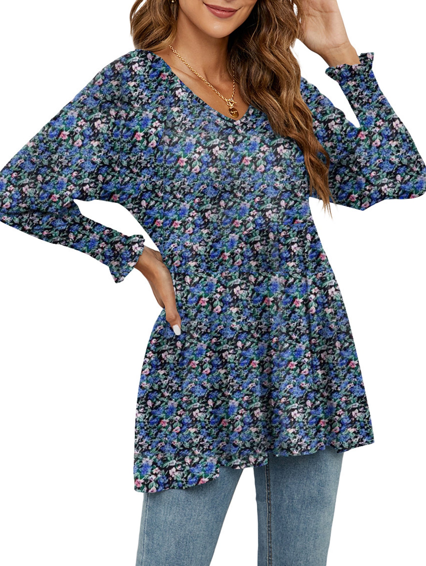 Printed bubble long-sleeved waist top T-shirt