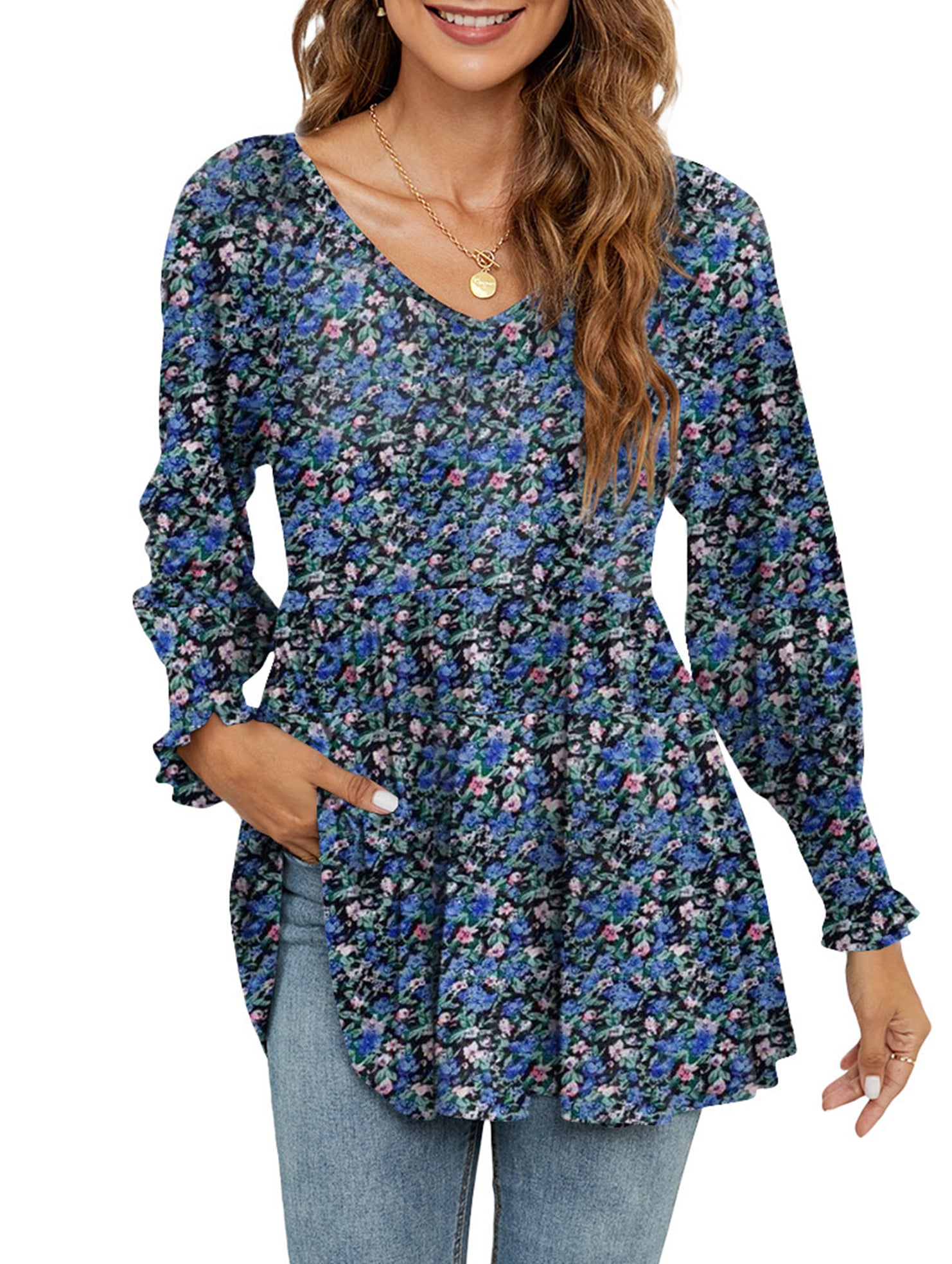 Printed bubble long-sleeved waist top T-shirt