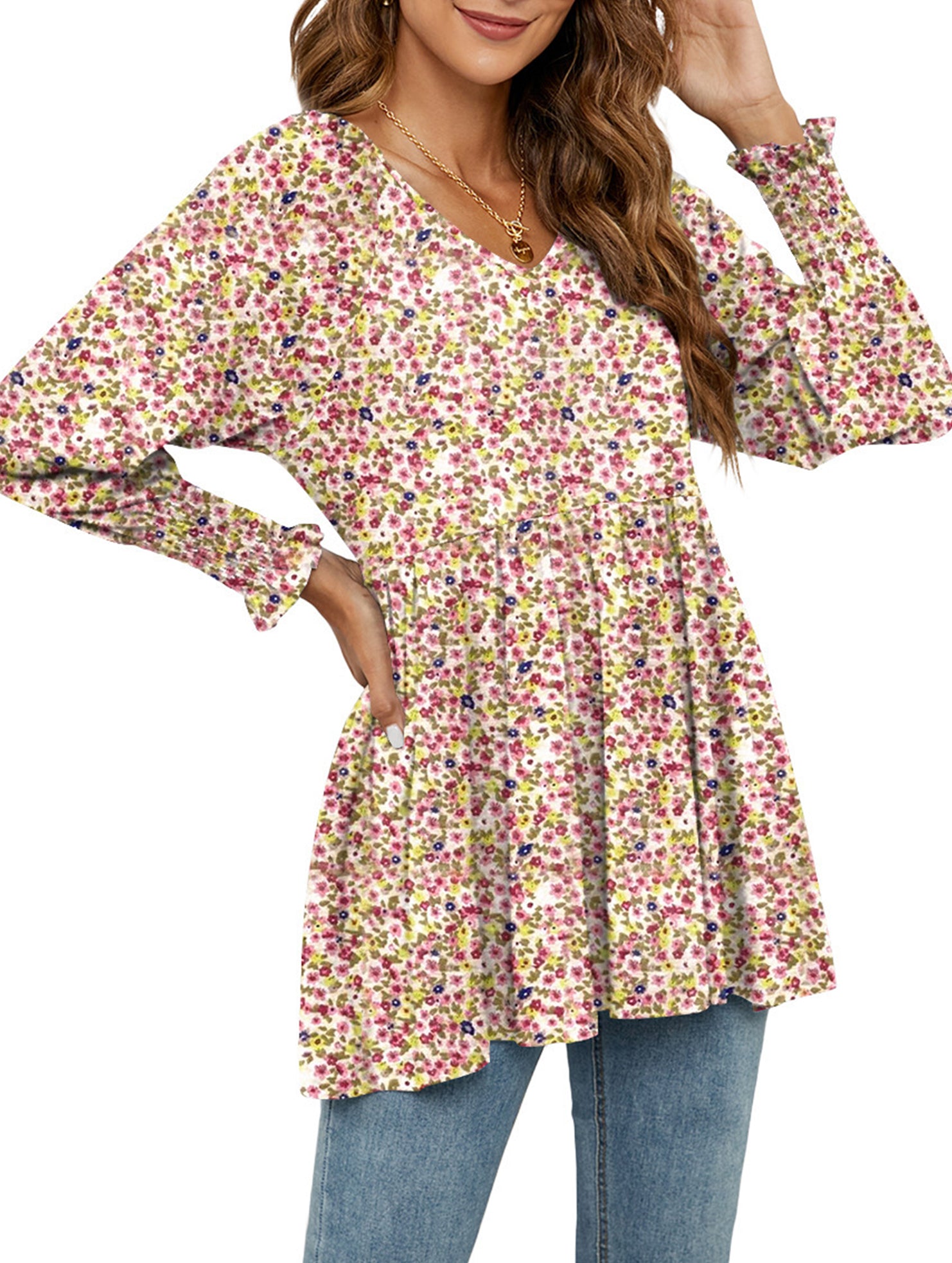 Printed bubble long-sleeved waist top T-shirt