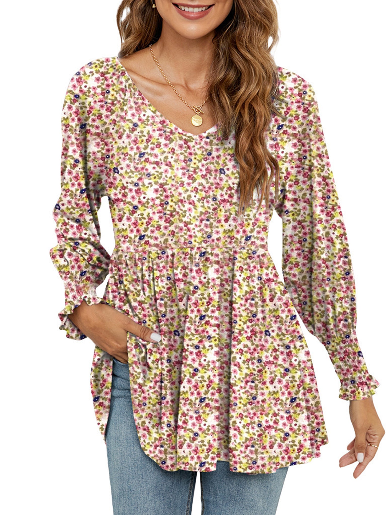 Printed bubble long-sleeved waist top T-shirt