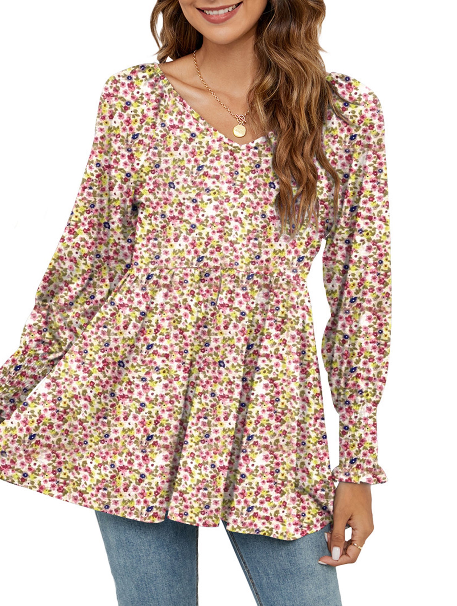 Printed bubble long-sleeved waist top T-shirt