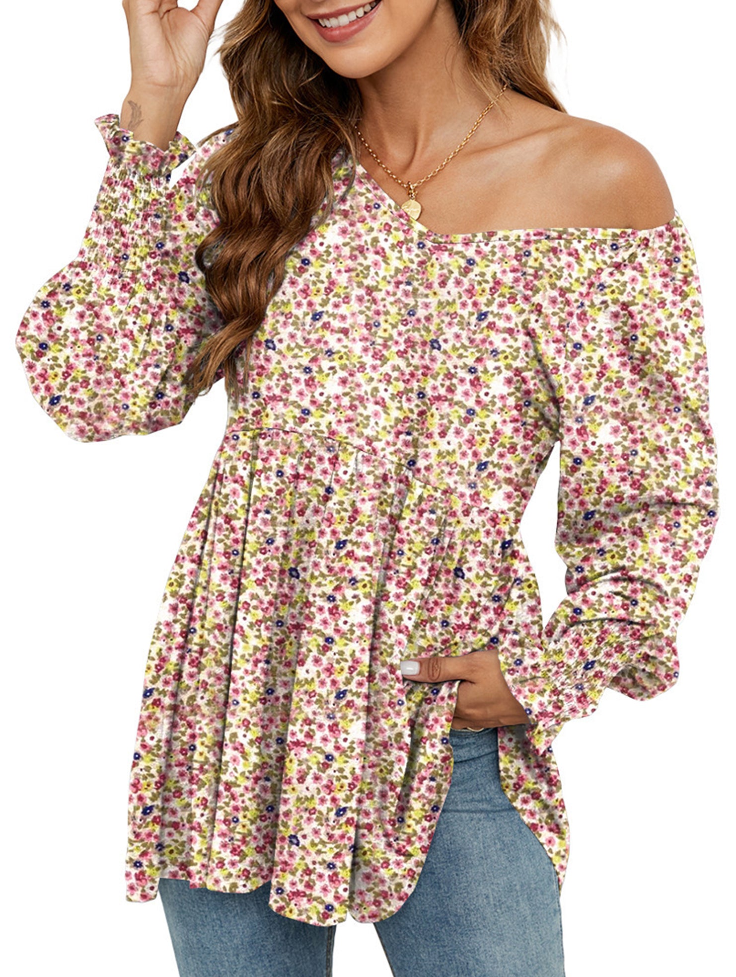Printed bubble long-sleeved waist top T-shirt