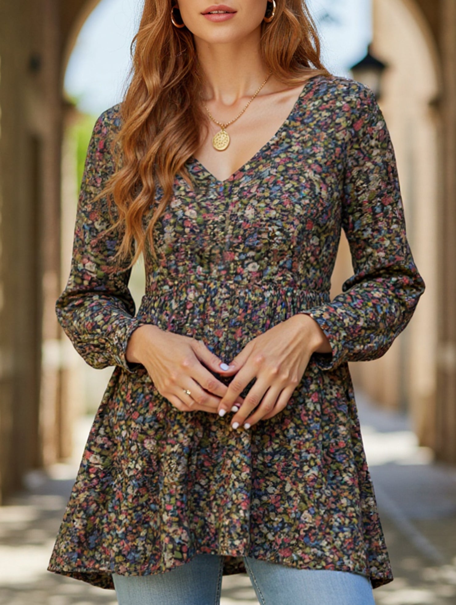 Printed bubble long-sleeved waist top T-shirt