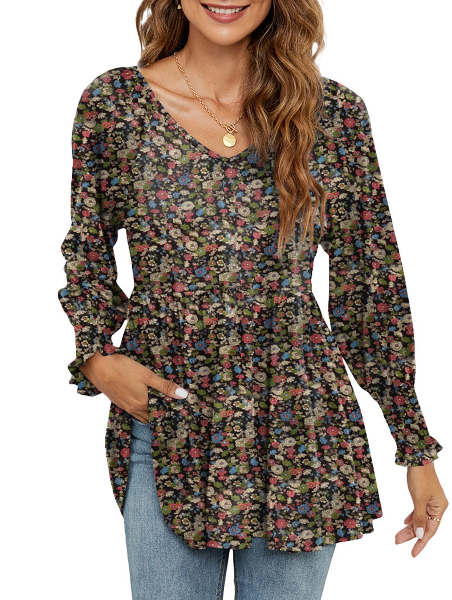 Printed bubble long-sleeved waist top T-shirt