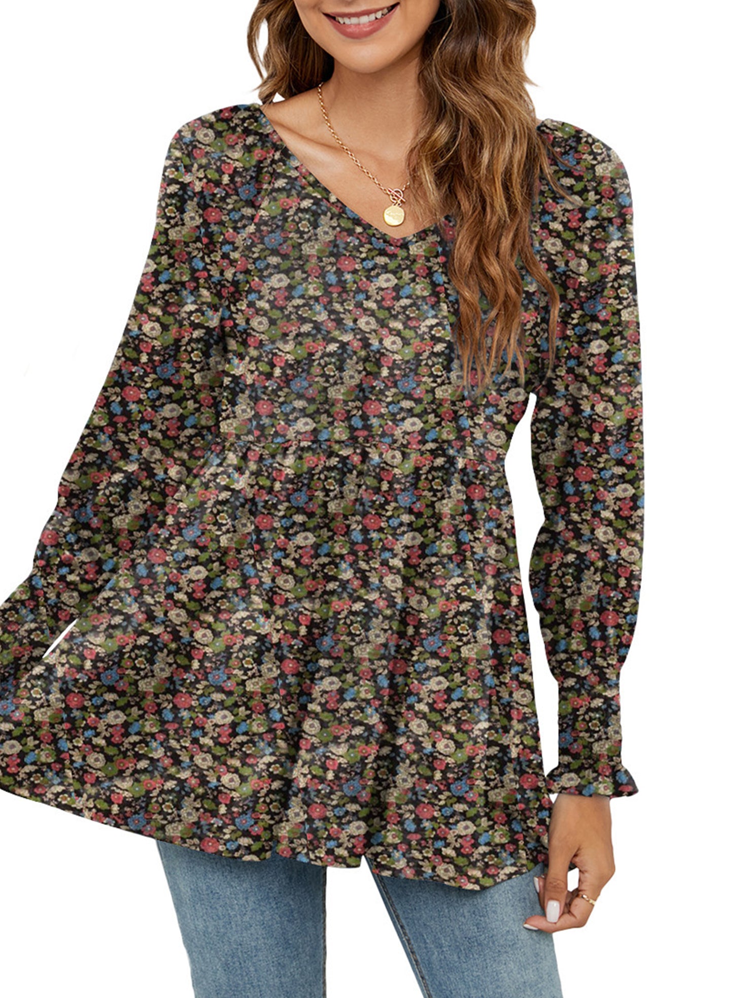 Printed bubble long-sleeved waist top T-shirt