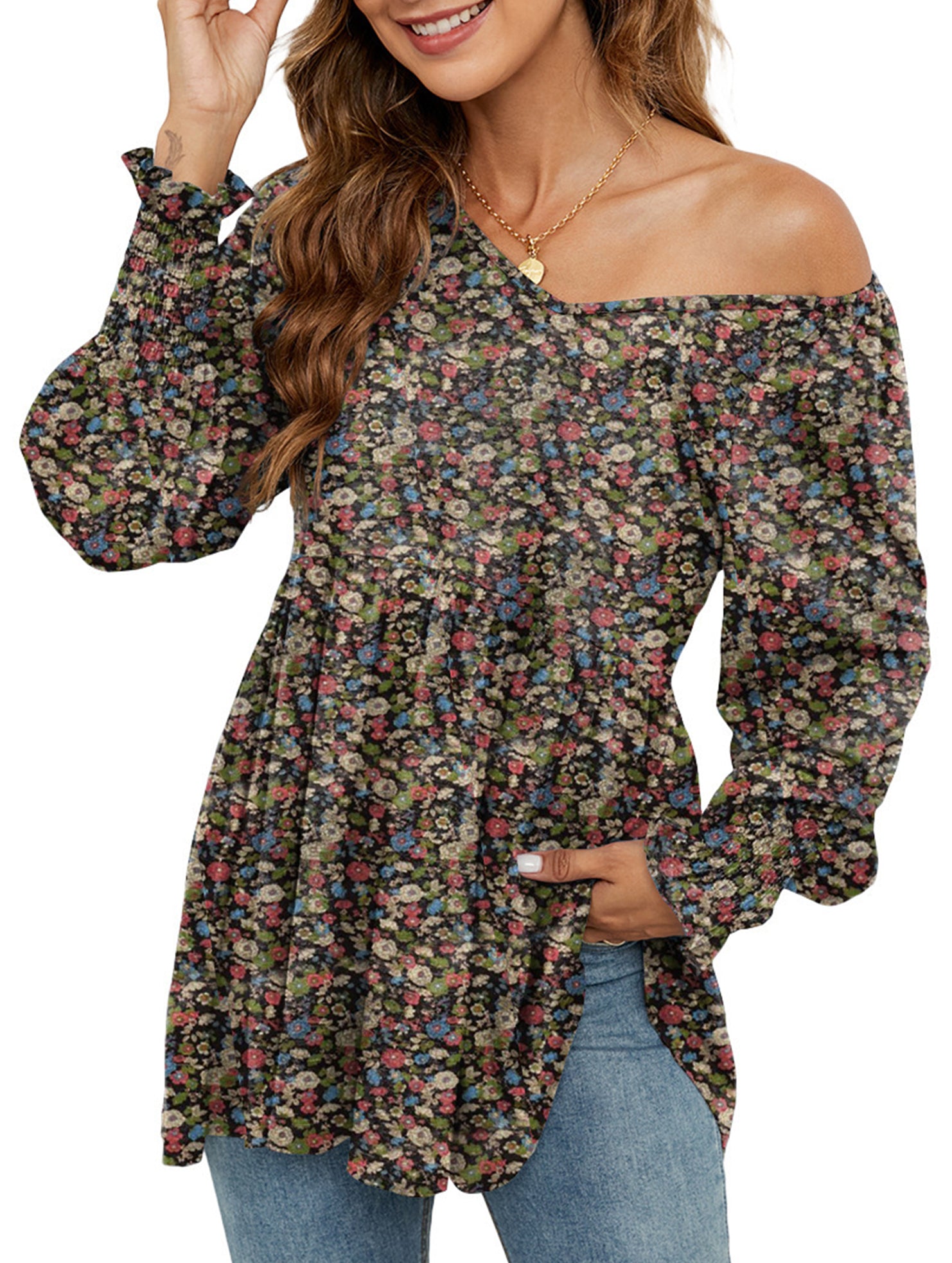 Printed bubble long-sleeved waist top T-shirt
