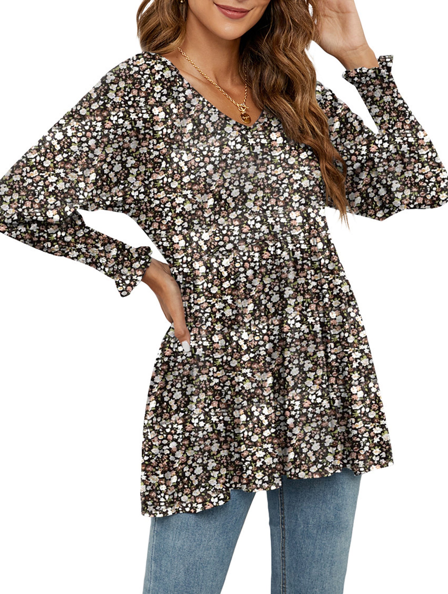 Printed bubble long-sleeved waist top T-shirt