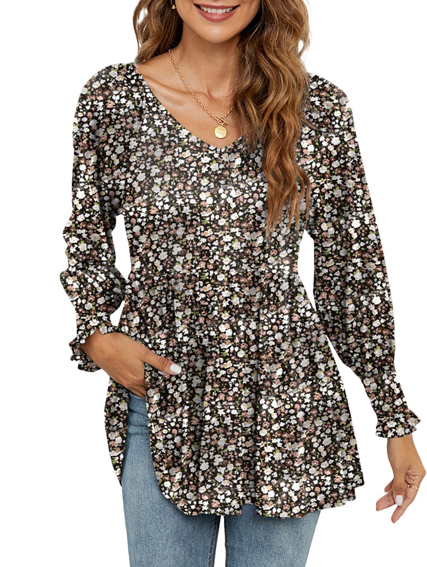 Printed bubble long-sleeved waist top T-shirt