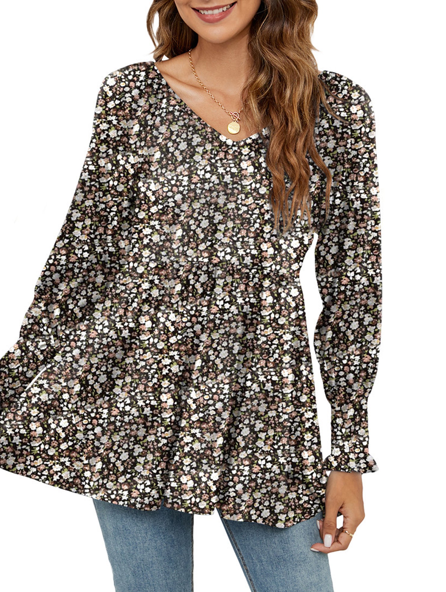 Printed bubble long-sleeved waist top T-shirt