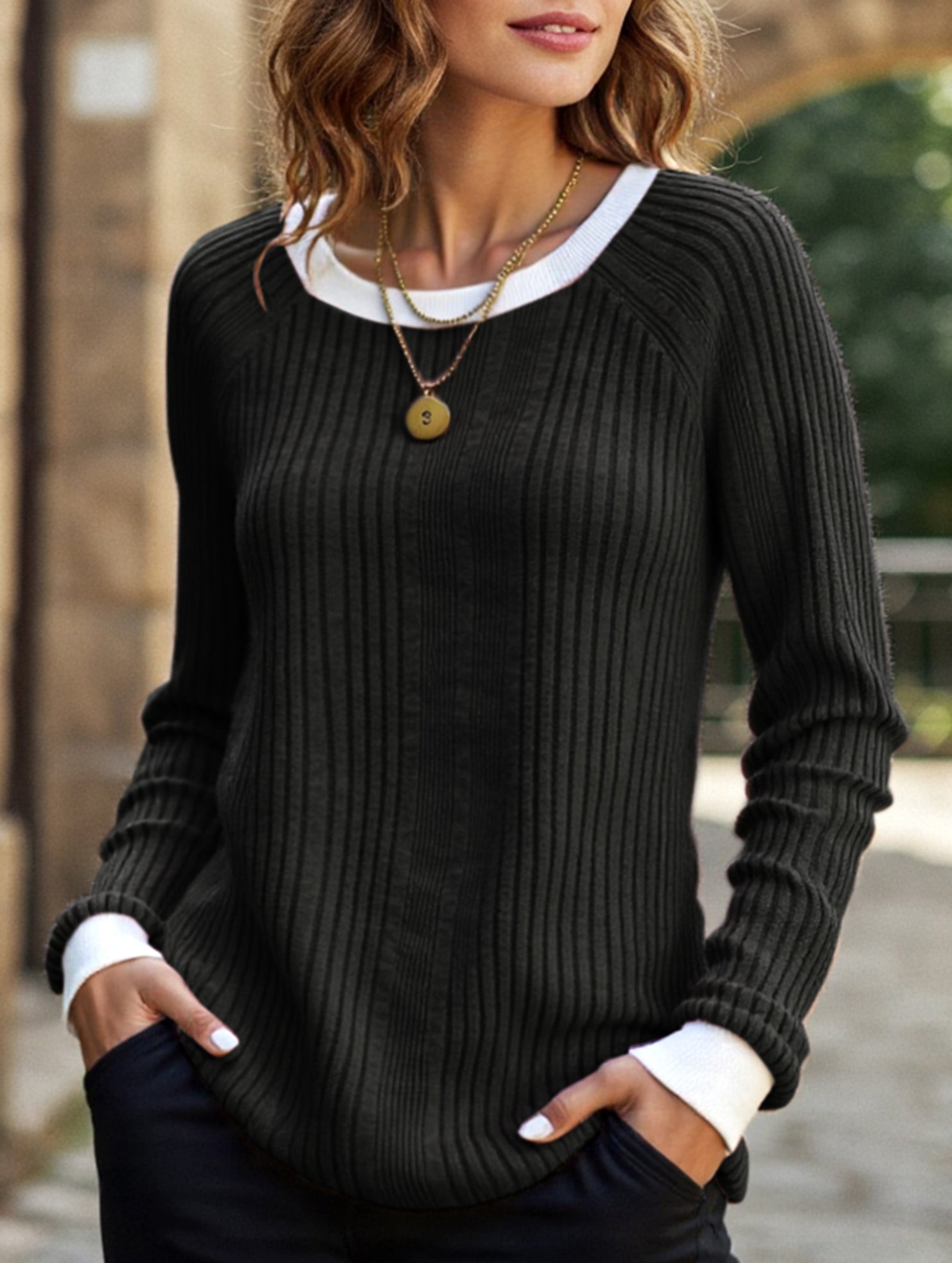 Crew neck long sleeve ribbed warm sweater