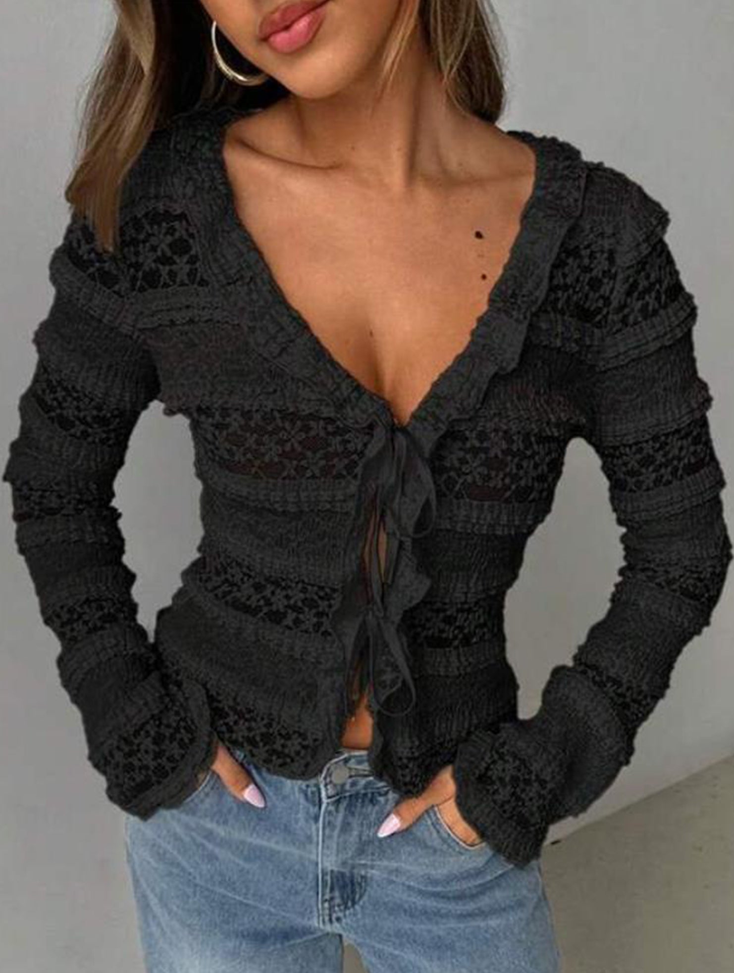 Solid color lace sweet lace long-sleeved shirt