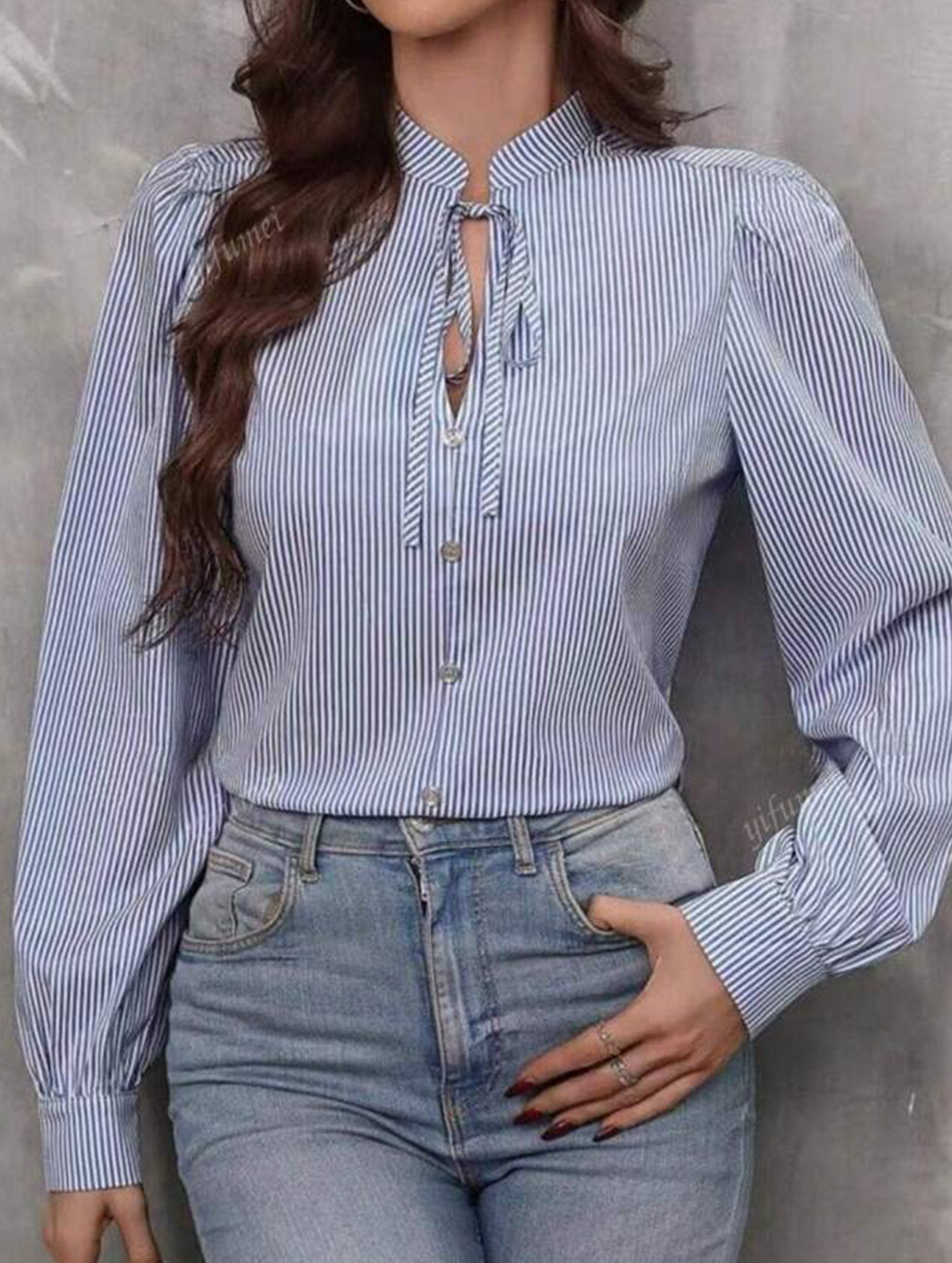 V-neck button-down striped long-sleeved cardigan