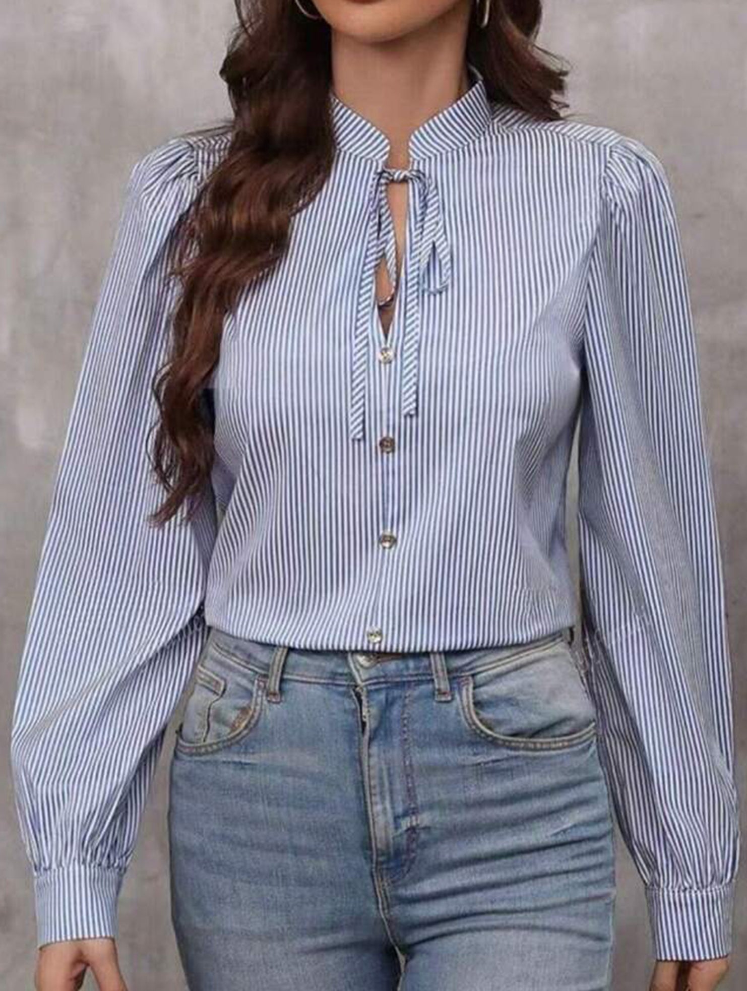 V-neck button-down striped long-sleeved cardigan