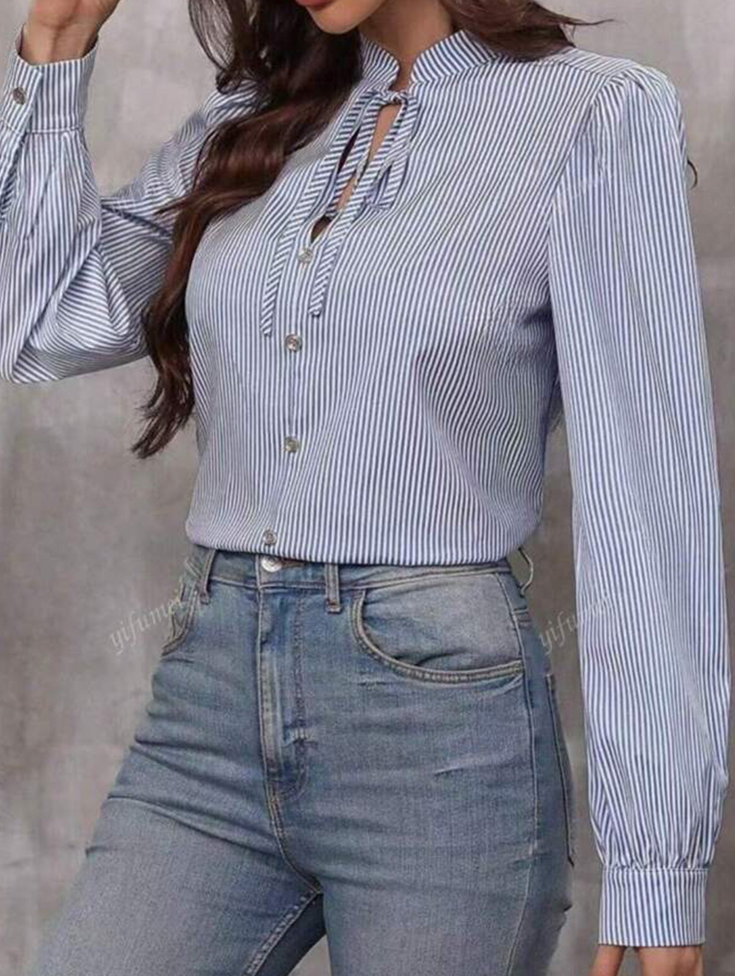 V-neck button-down striped long-sleeved cardigan