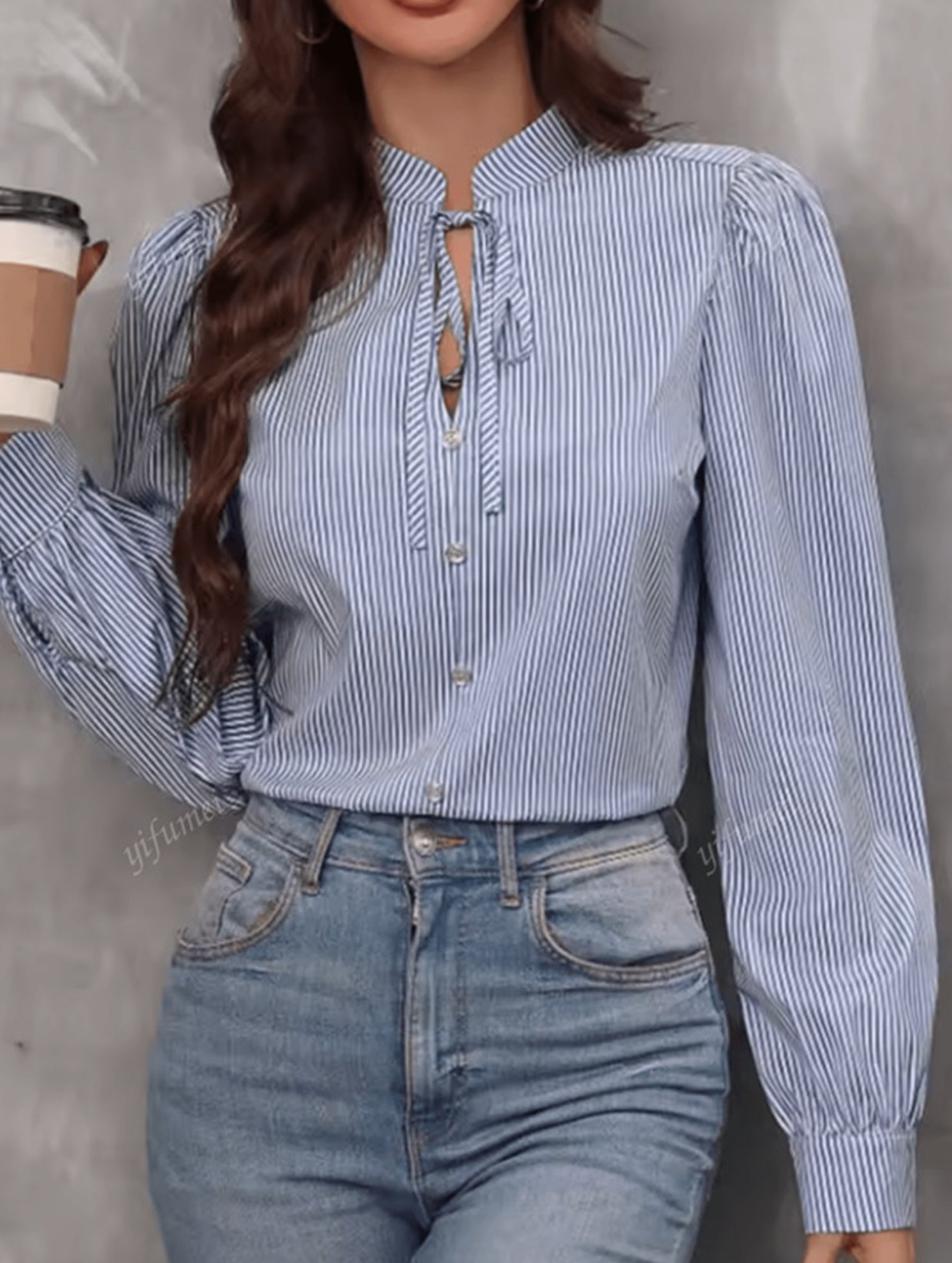 V-neck button-down striped long-sleeved cardigan