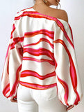 Off-the-shoulder boat neck printed loose shirt