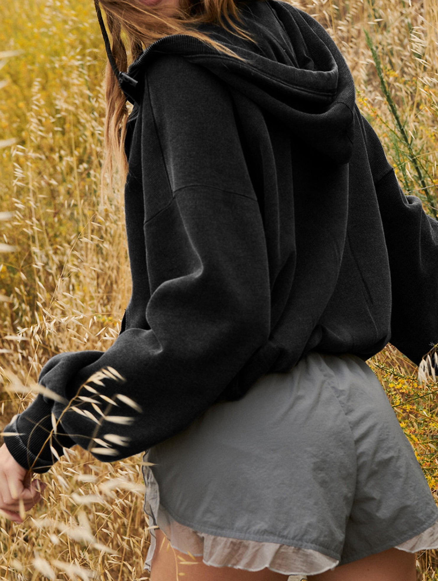 Sports Hoodie Zip-up Drawstring Long Sleeve Top
